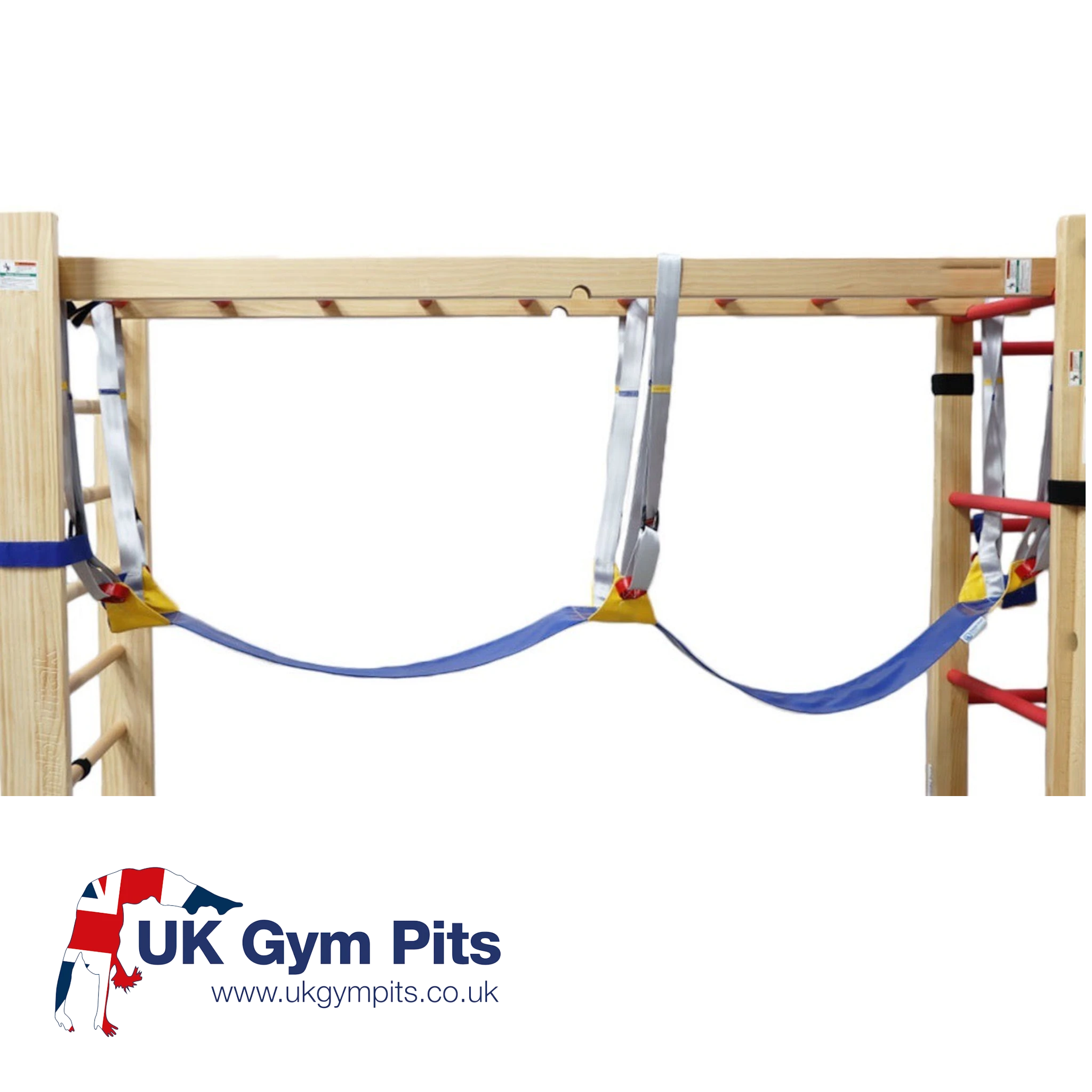 UK Gym Pits Laser Balance Beam Hammock suspended from wooden parallel bars with adjustable straps and blue fabric.