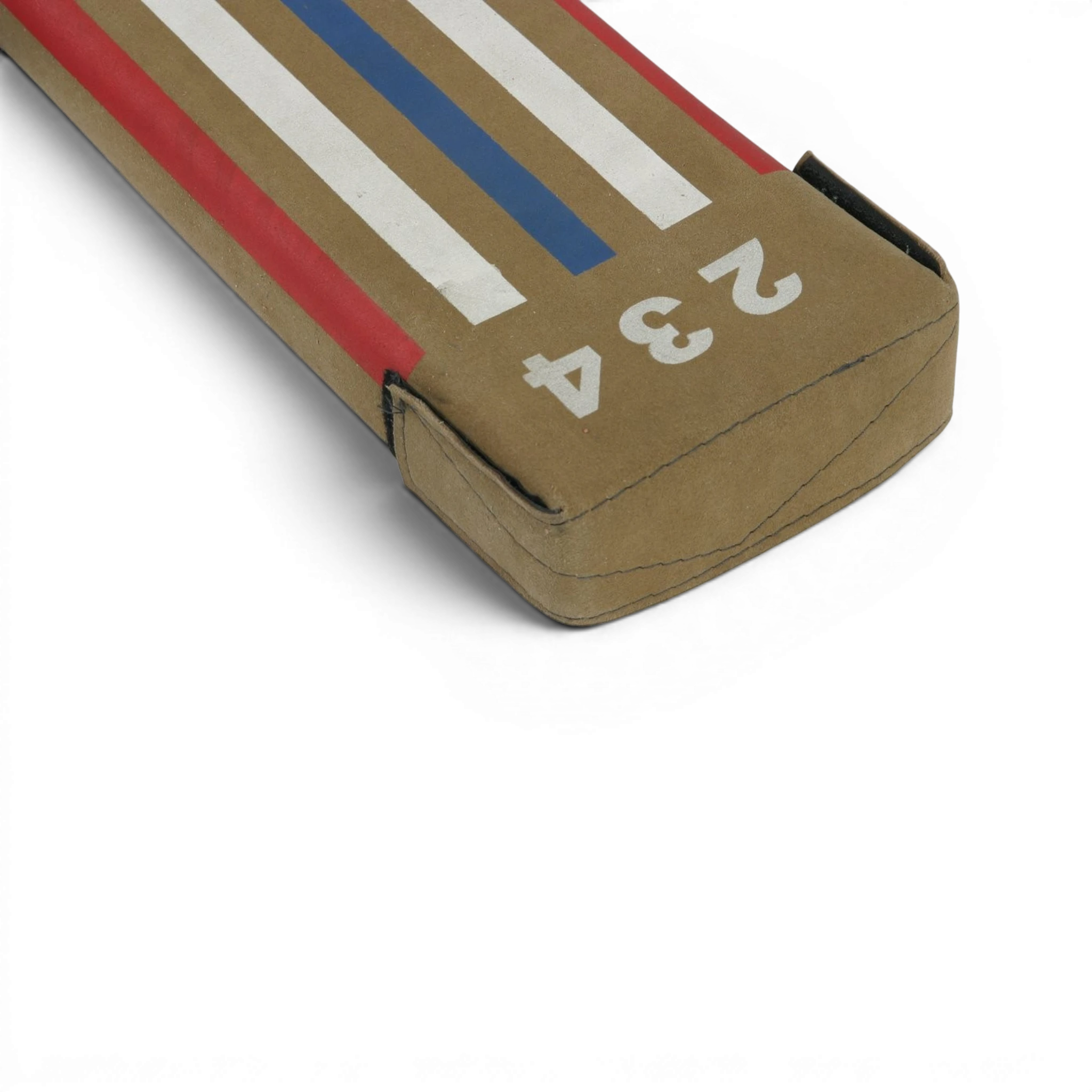 UK Gym Pits laser balance beam with suede surface, featuring numbered markings and red, white, and blue guide lines.