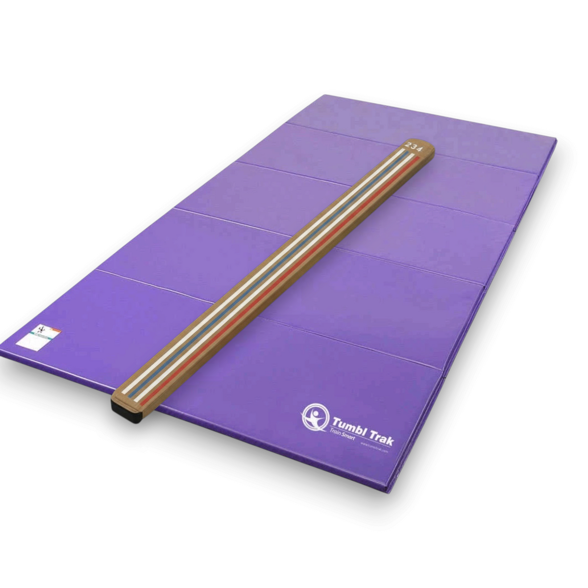 UK Gym Pits Laser Balance Beam Lite with purple folding tumbling mat for gymnastics training at home.