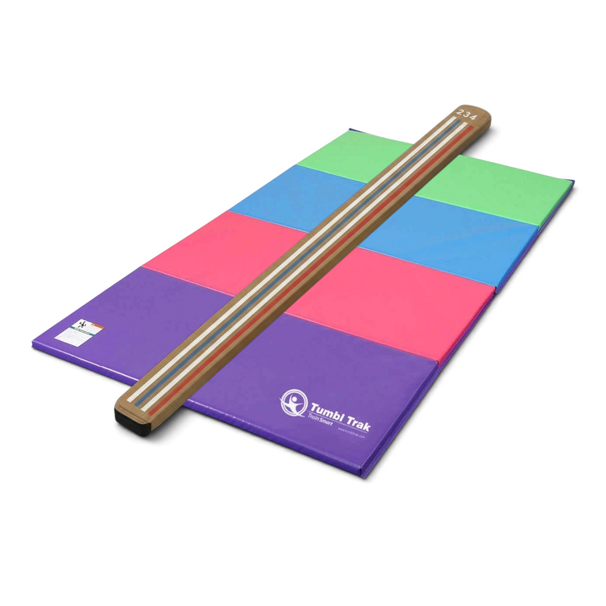 UK Gym Pits laser balance beam with marked lines on a multi-coloured folding tumbling mat for gymnastics training
