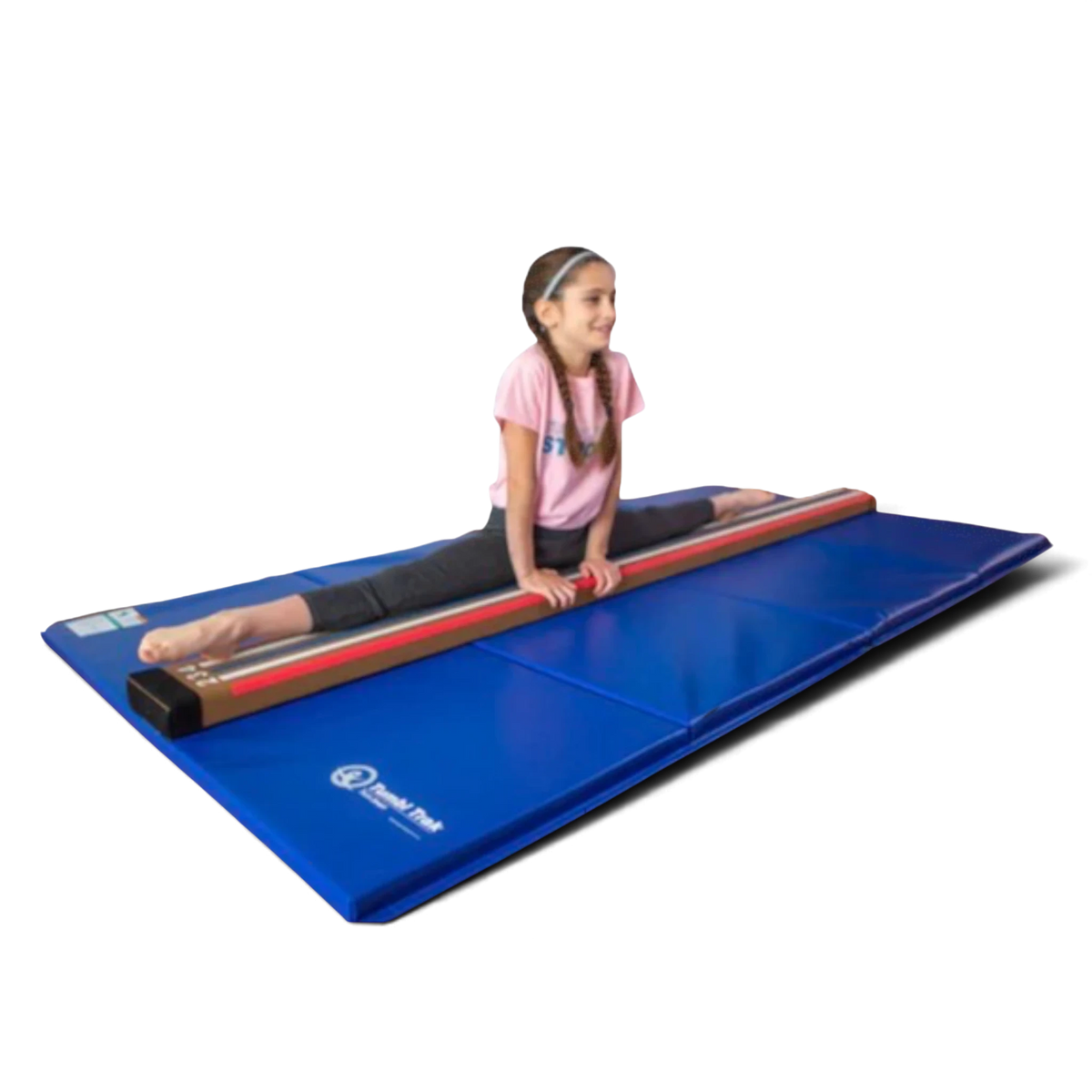 A young gymnast performing a split on a UK Gym Pits laser balance beam and blue folding tumbling mat set
