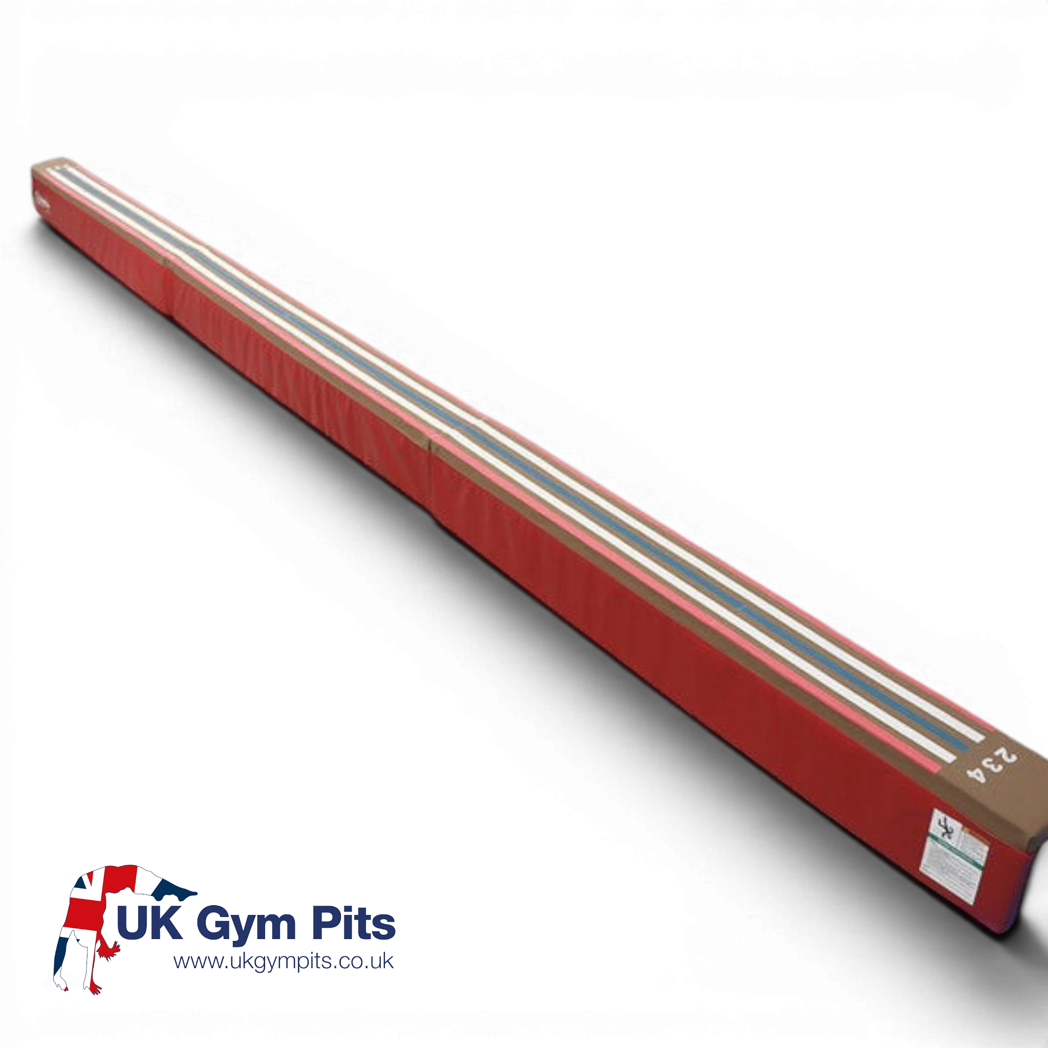 UK Gym Pits red laser balance beam training pad with white visual cue lines and numbers for gymnastics practice