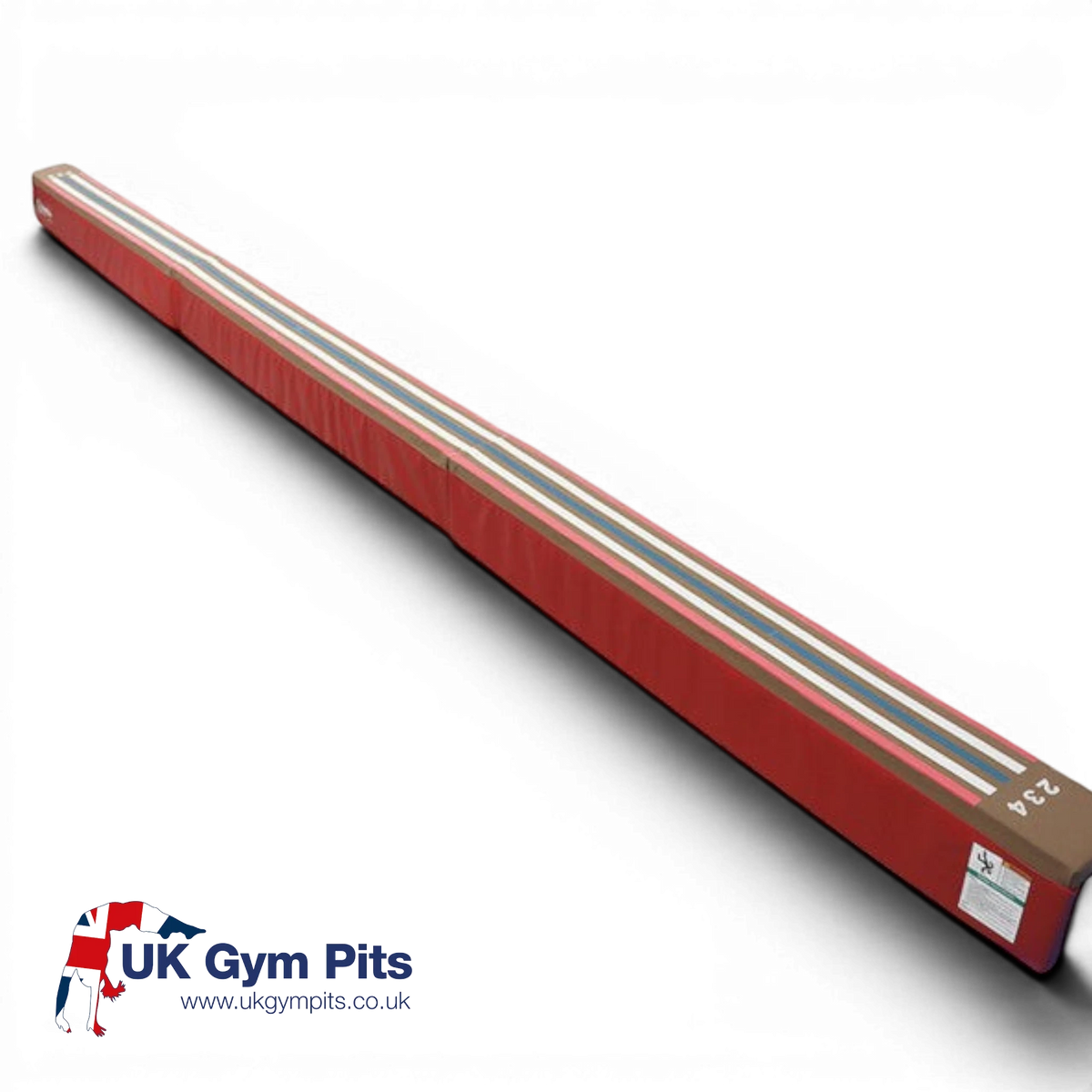 UK Gym Pits red laser balance beam training pad with white visual cue lines and numbers for gymnastics practice