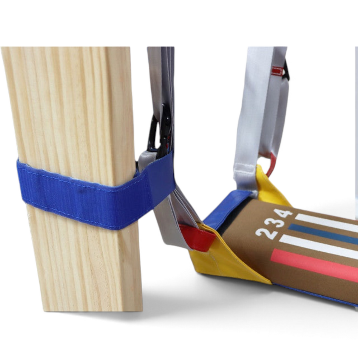 UK Gym Pits Laser Balance Beam Sky Bridge with adjustable straps and hammock attached to a wooden support post