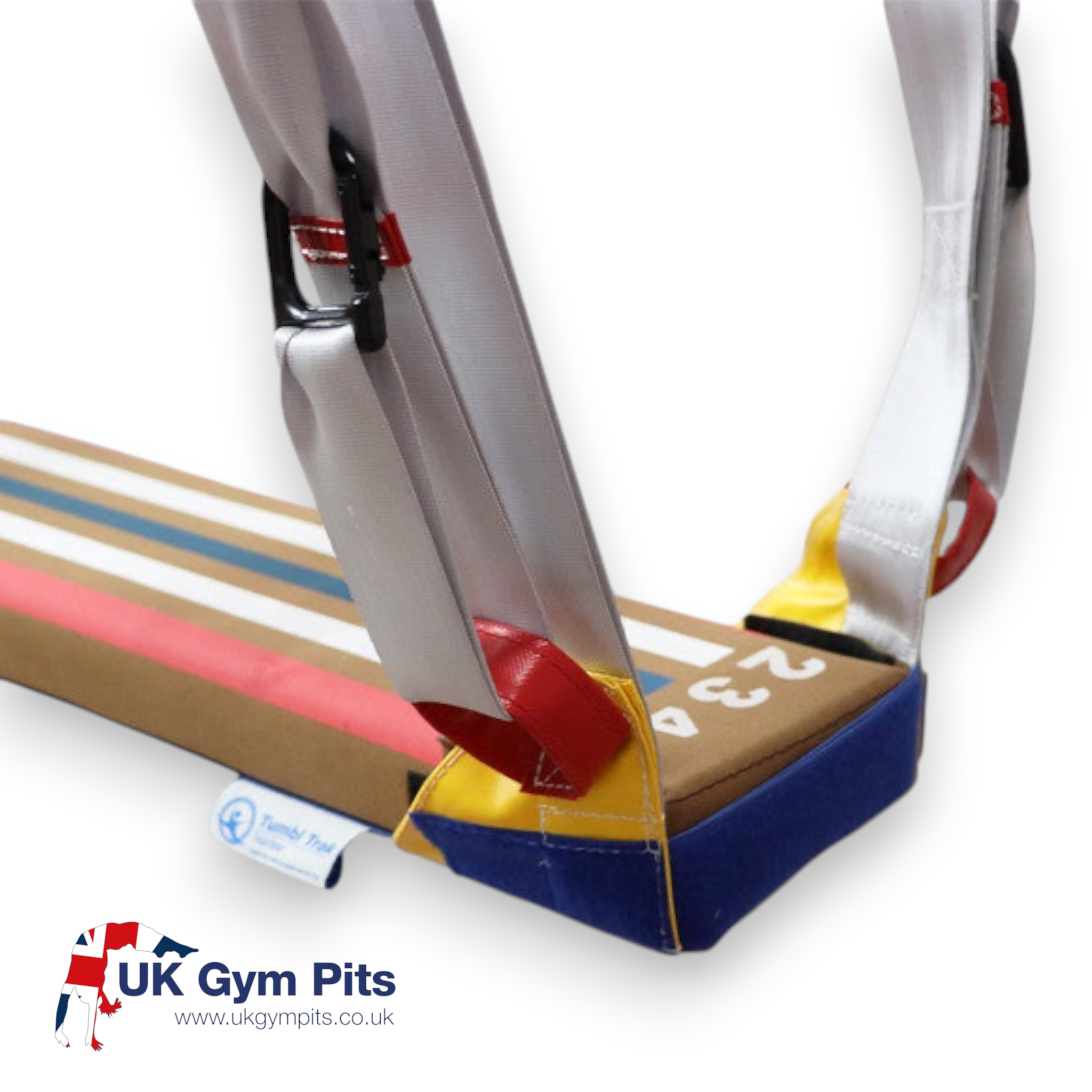 UK Gym Pits laser balance beam sky bridge with hammock attachment, featuring colourful straps and durable padding.