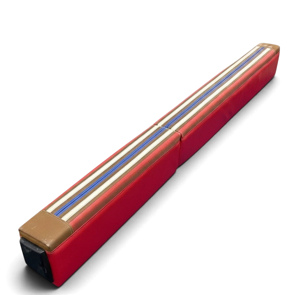 UK Gym Pits laser balance beam training pad with red suede surface and white and blue visual cueing lines