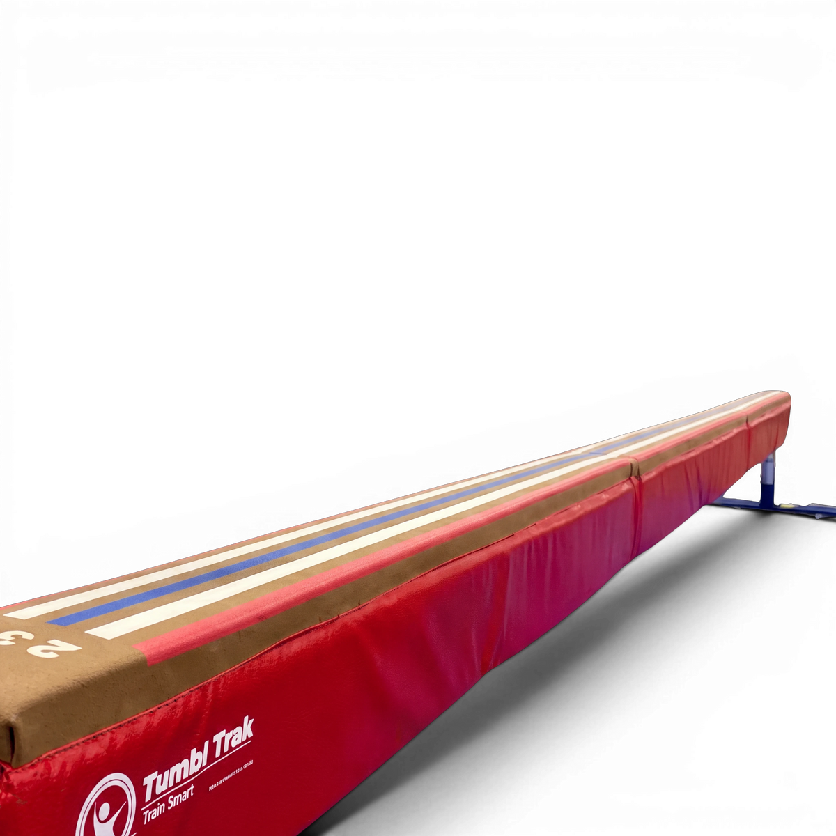 UK Gym Pits laser balance beam training pad with visual cueing lines on a red suede surface for gymnastics practice.