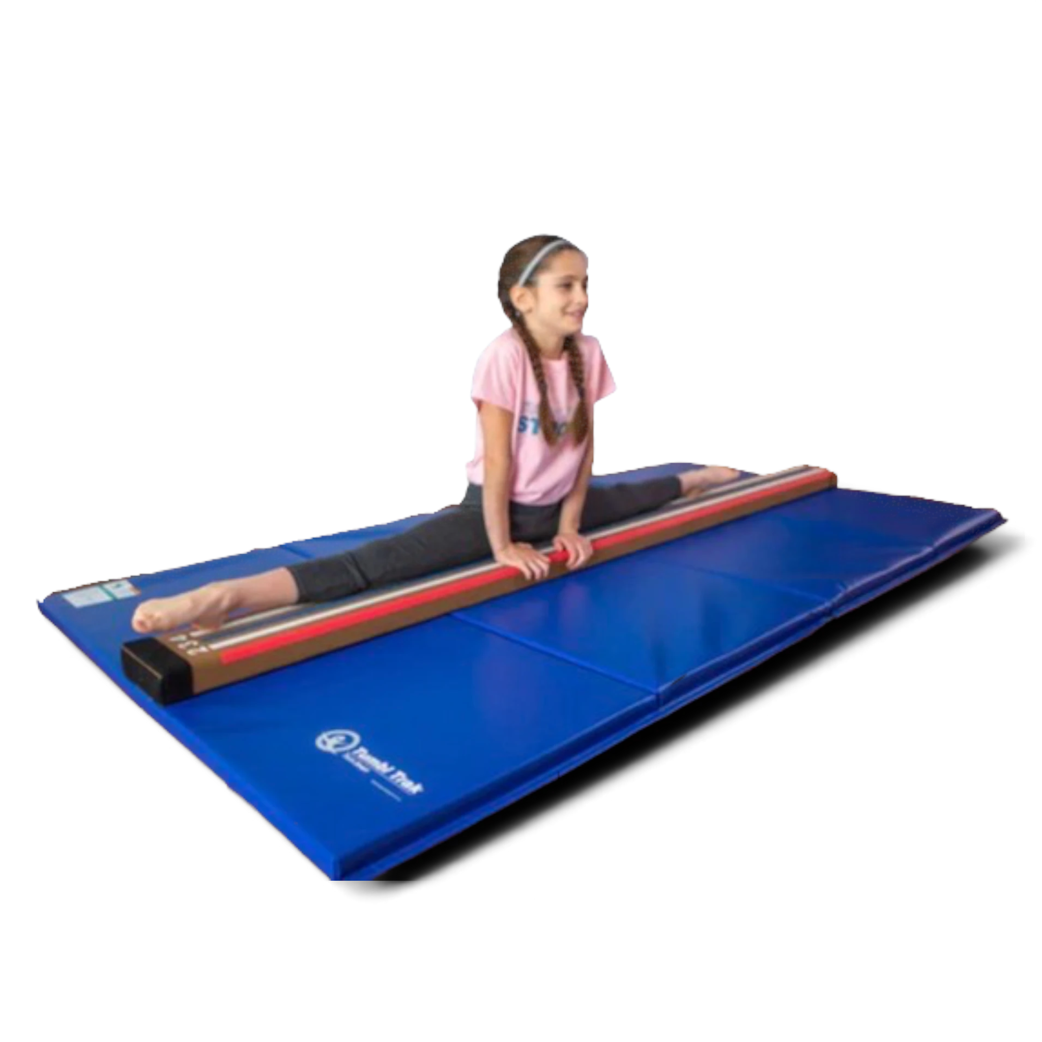 UK Gym Pits laser balance beam and blue folding tumbling mat with a young gymnast performing a split