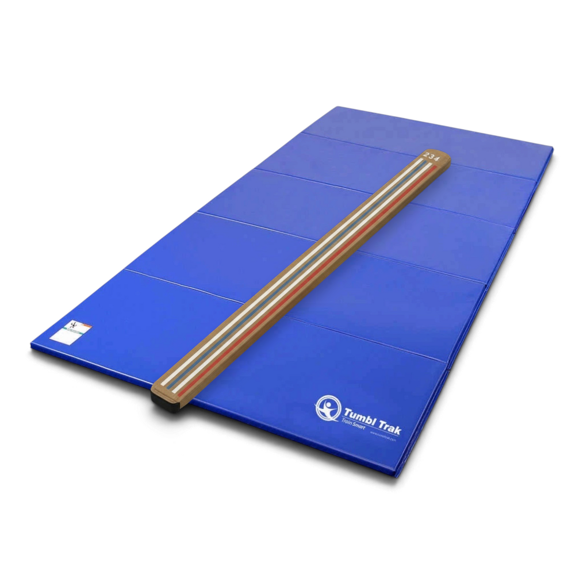 UK Gym Pits Laser Balance Beam Lite with blue folding tumbling mat for gymnastics training at home or in the gym.