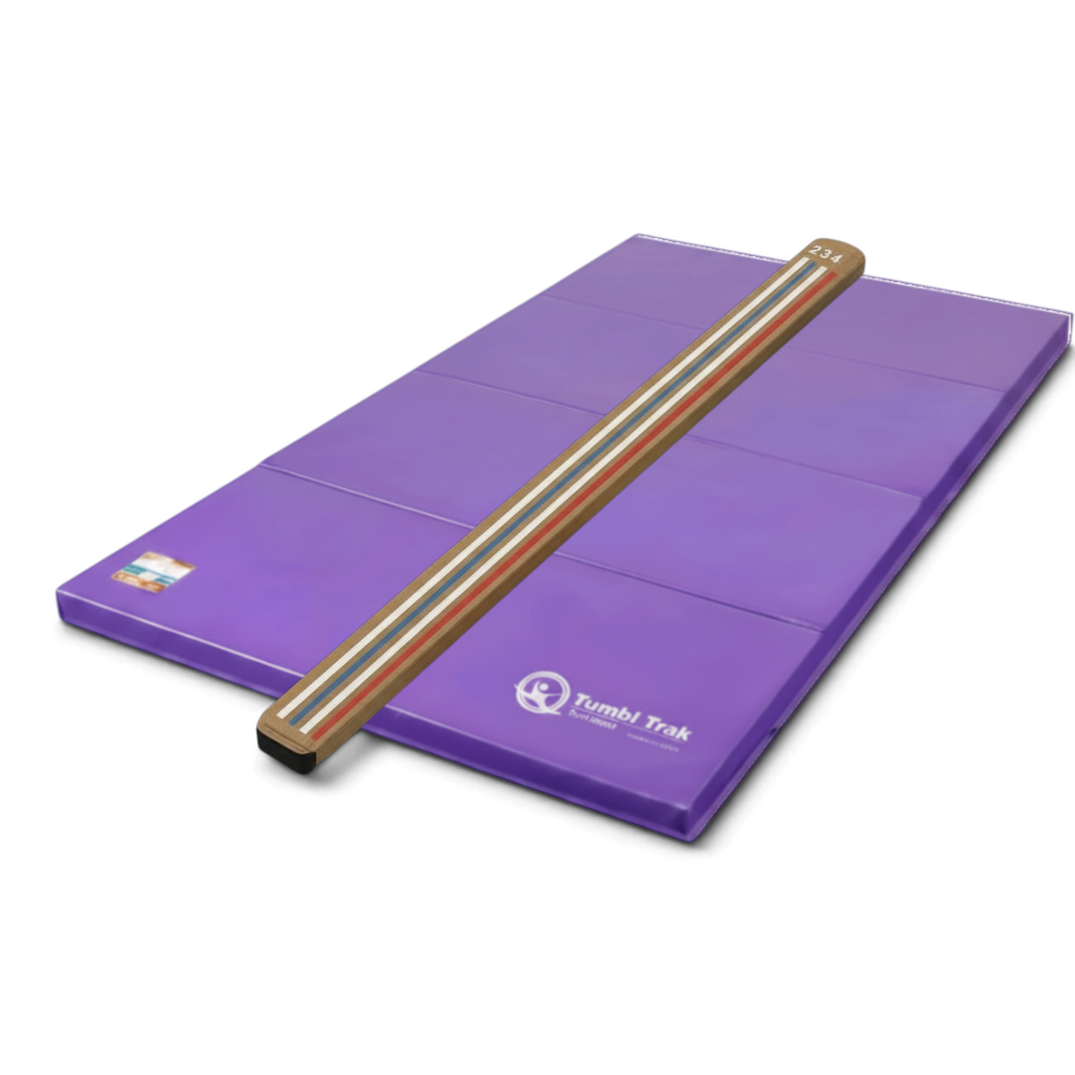 UK Gym Pits Laser Balance Beam Lite with purple folding tumbling mat for gymnastics training at home or in the gym.