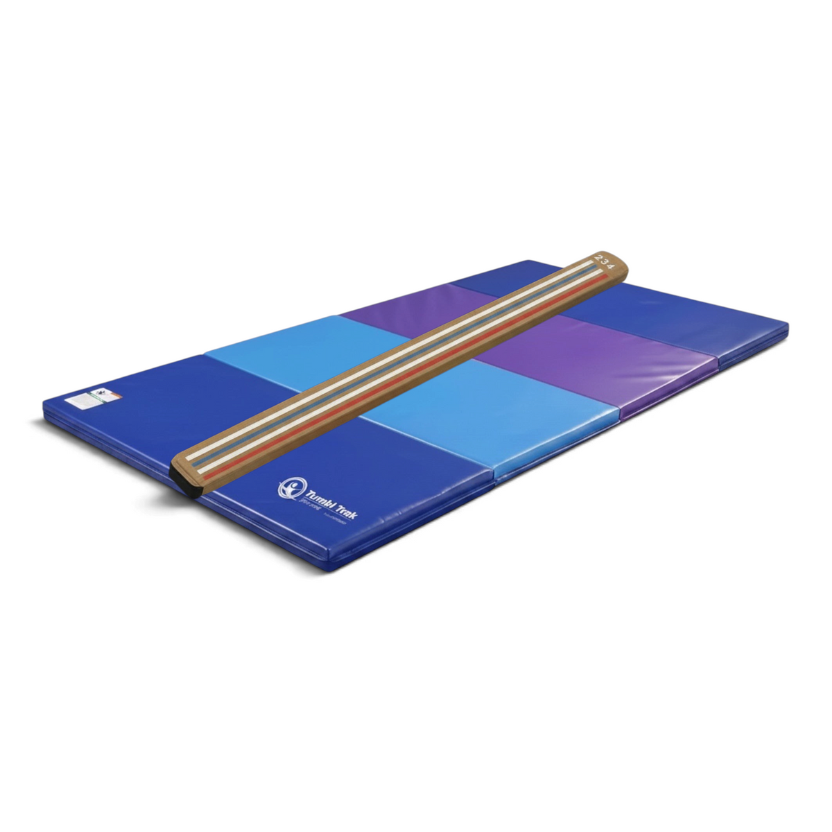 UK Gym Pits laser balance beam with numbered markings placed on a blue and purple folding vinyl gymnastics tumbling mat