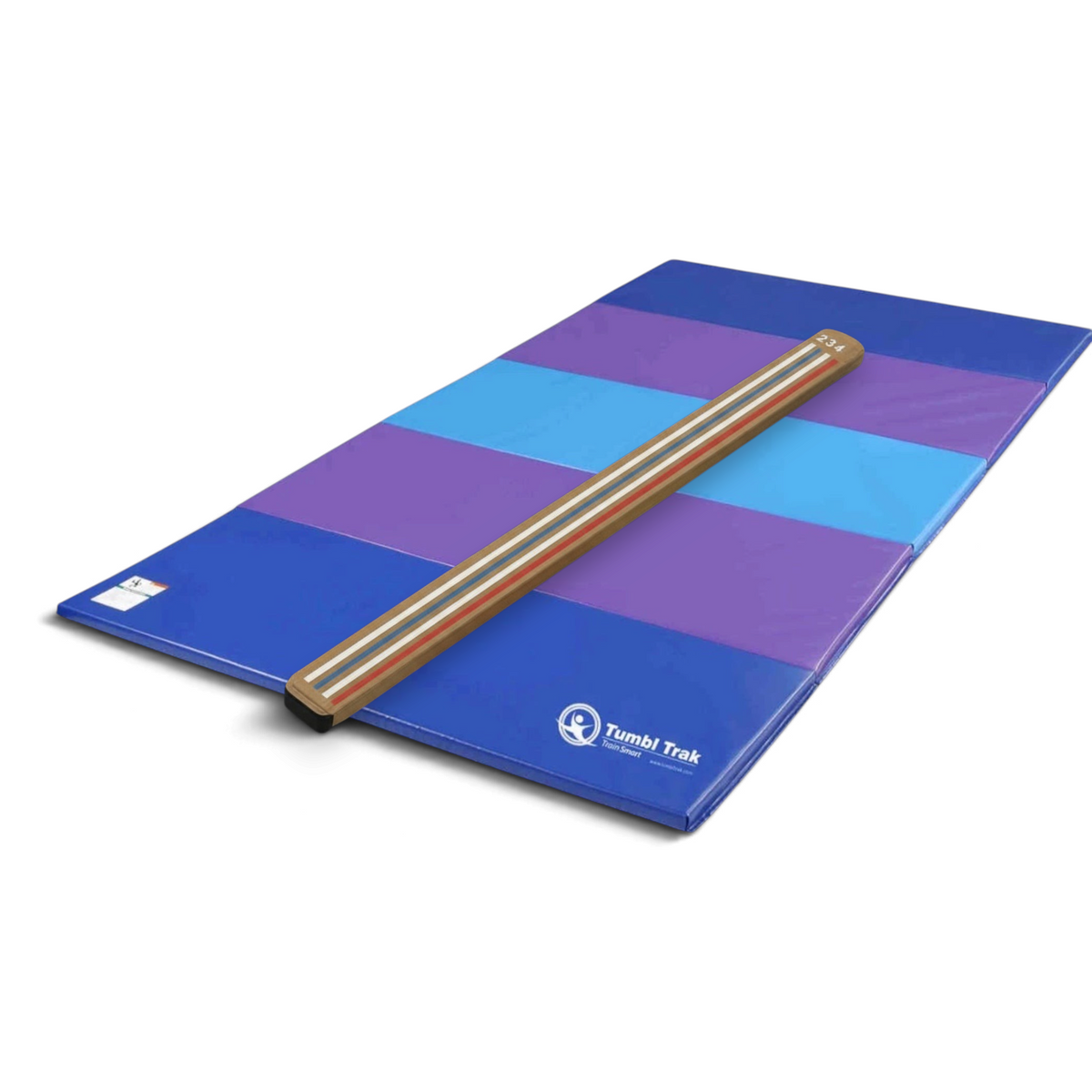 UK Gym Pits Laser Balance Beam Lite with numbered markings placed on a blue and purple folding gymnastics tumbling mat.
