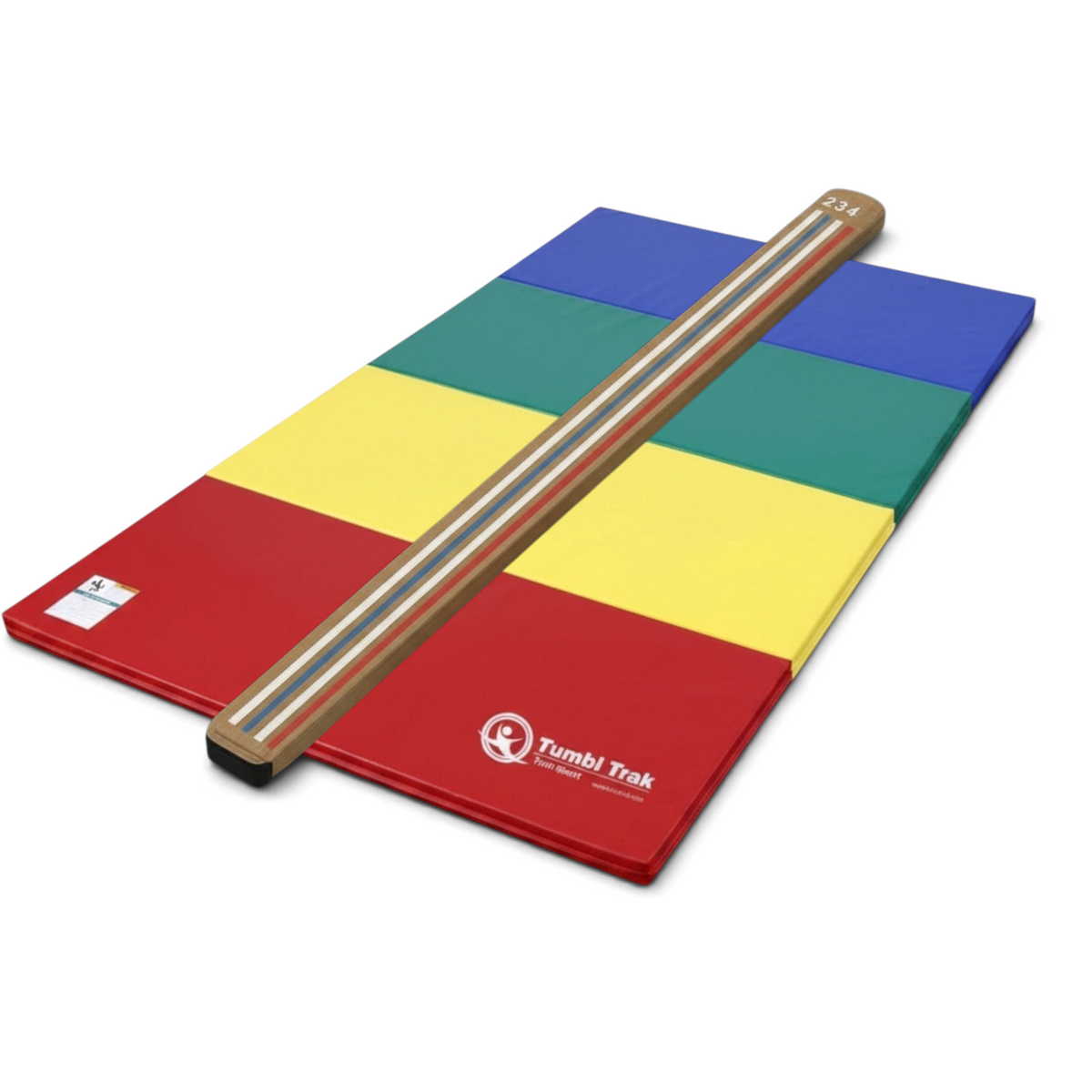 UK Gym Pits laser balance beam with marked lines placed on a multi-coloured folding gymnastics tumbling mat