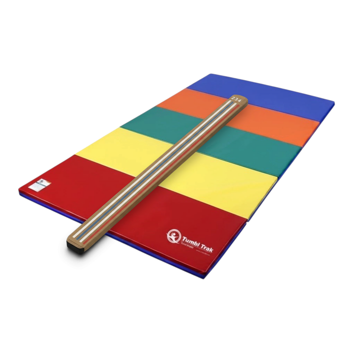 UK Gym Pits laser balance beam with marked lines on a multi-coloured folding tumbling mat for gymnastics training.