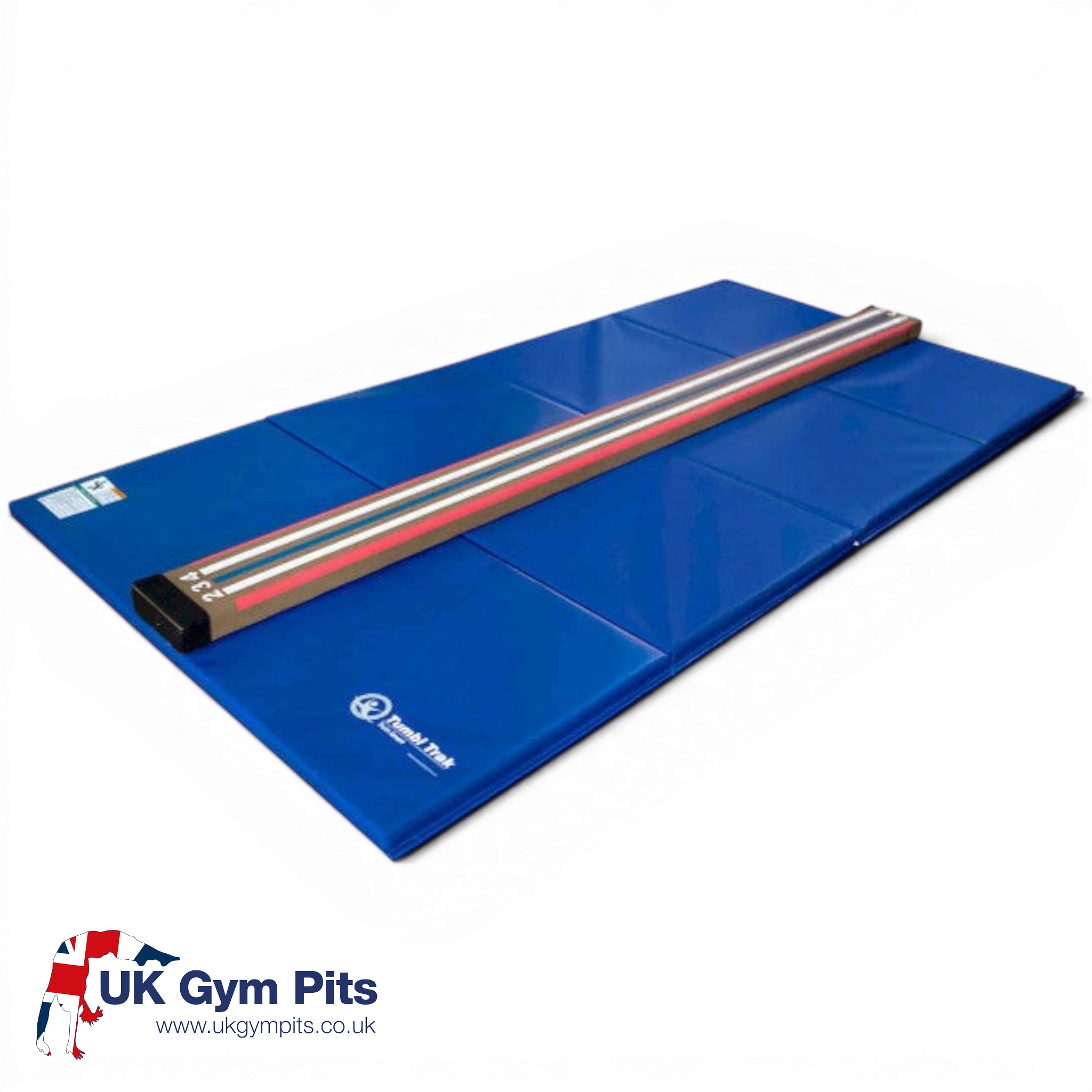 UK Gym Pits laser balance beam with visual markings placed on a blue folding tumbling mat for gymnastics training