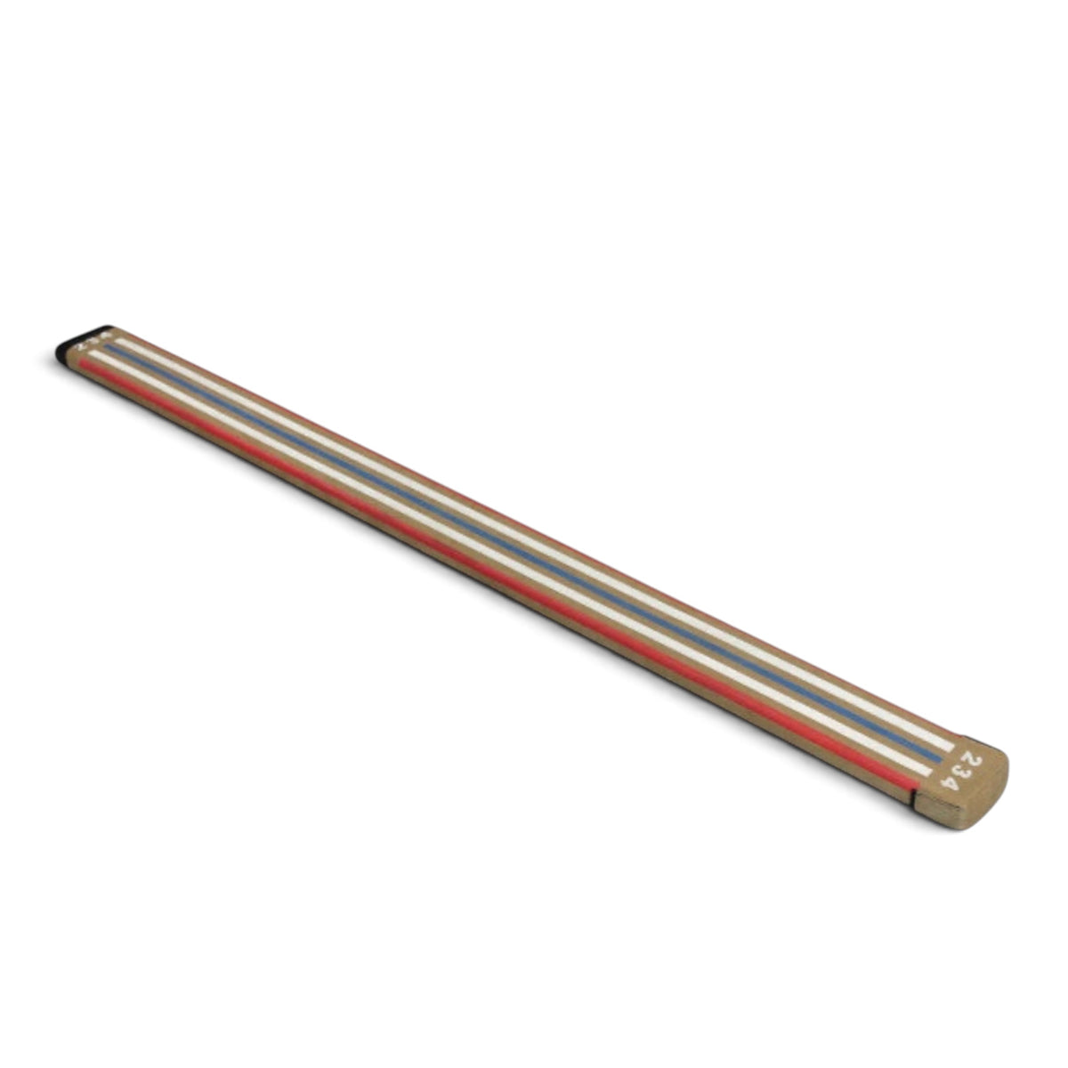 UK Gym Pits laser balance beam with red and blue visual guide lines and numbered markings for gymnastics training