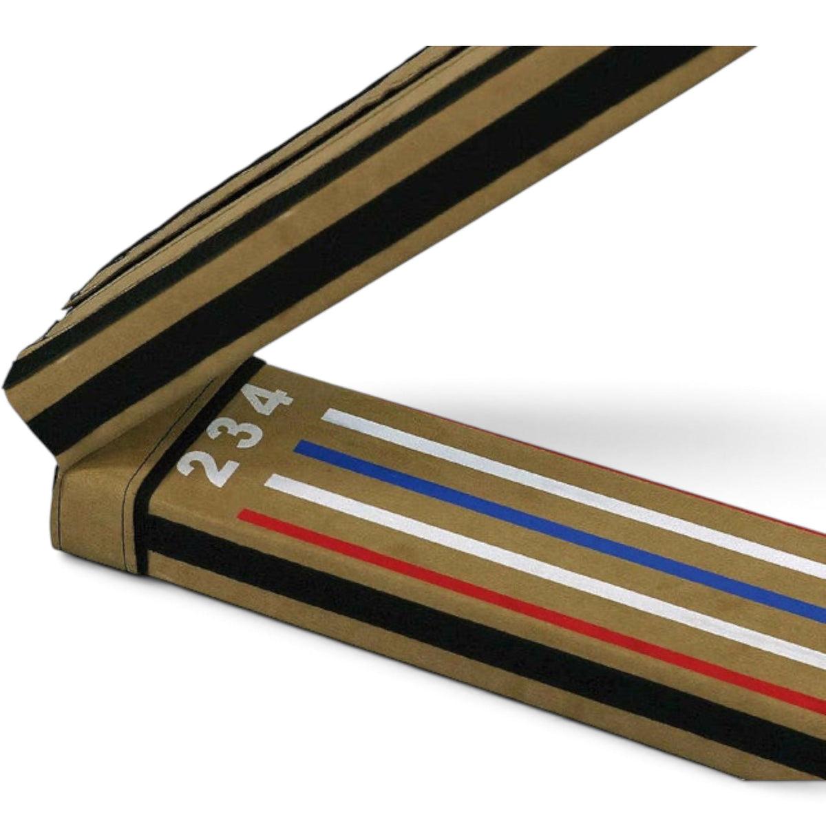 UK Gym Pits laser balance beam with numbered markings and red, white, and blue lines for gymnastics training