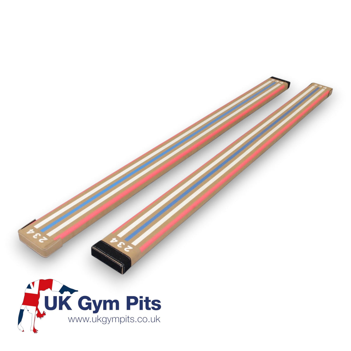 UK Gym Pits laser balance beams with numbered markings and blue and red guide lines for gymnastics training