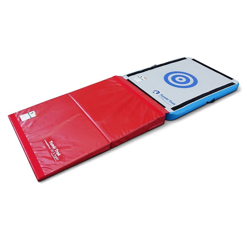 UK Gym Pits Launch Pad inflatable training mat with red wedge and blue target top for gymnastics drills