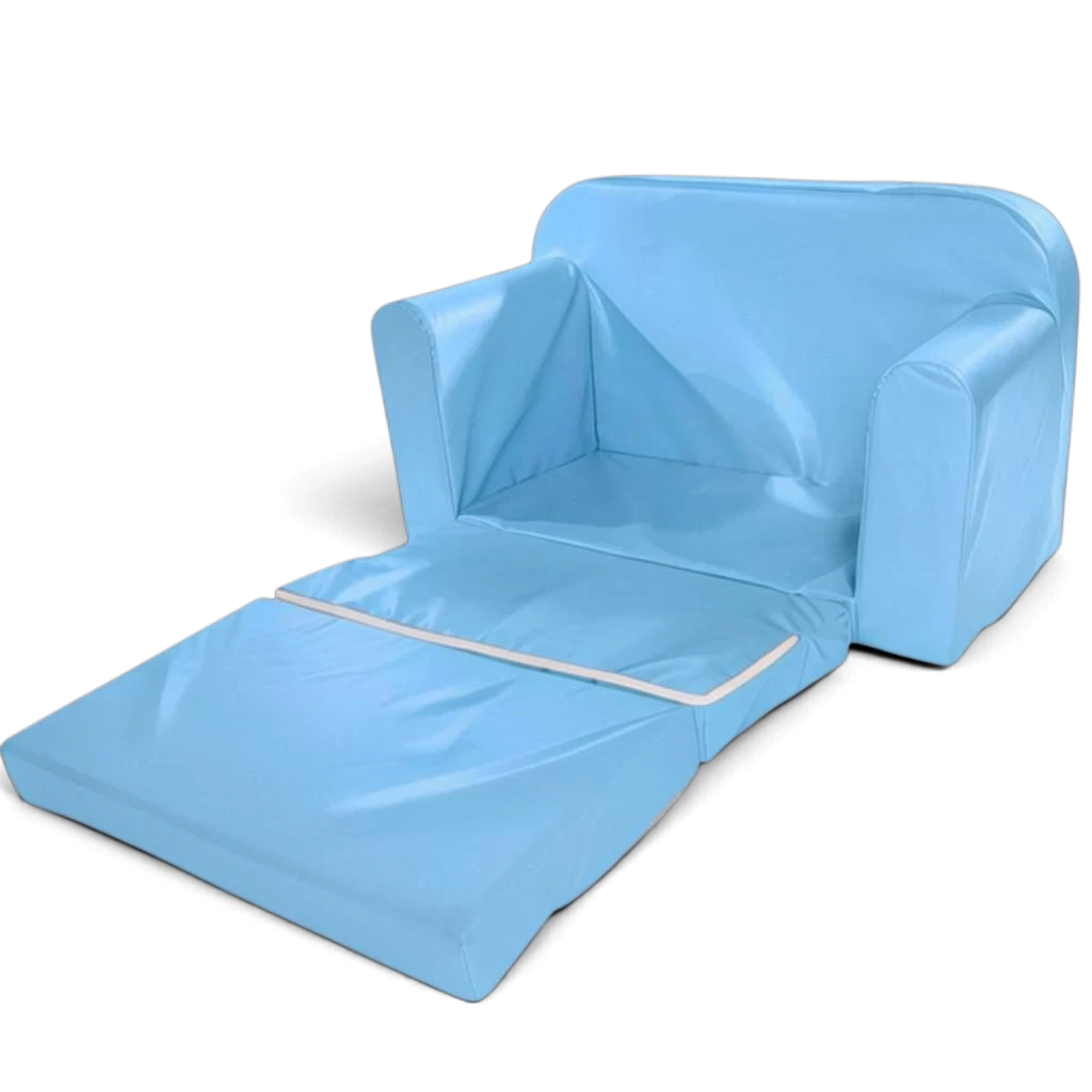 UK Gym Pits light blue soft play sofa bed made from durable, easy-to-clean PVC foam for children's play areas.