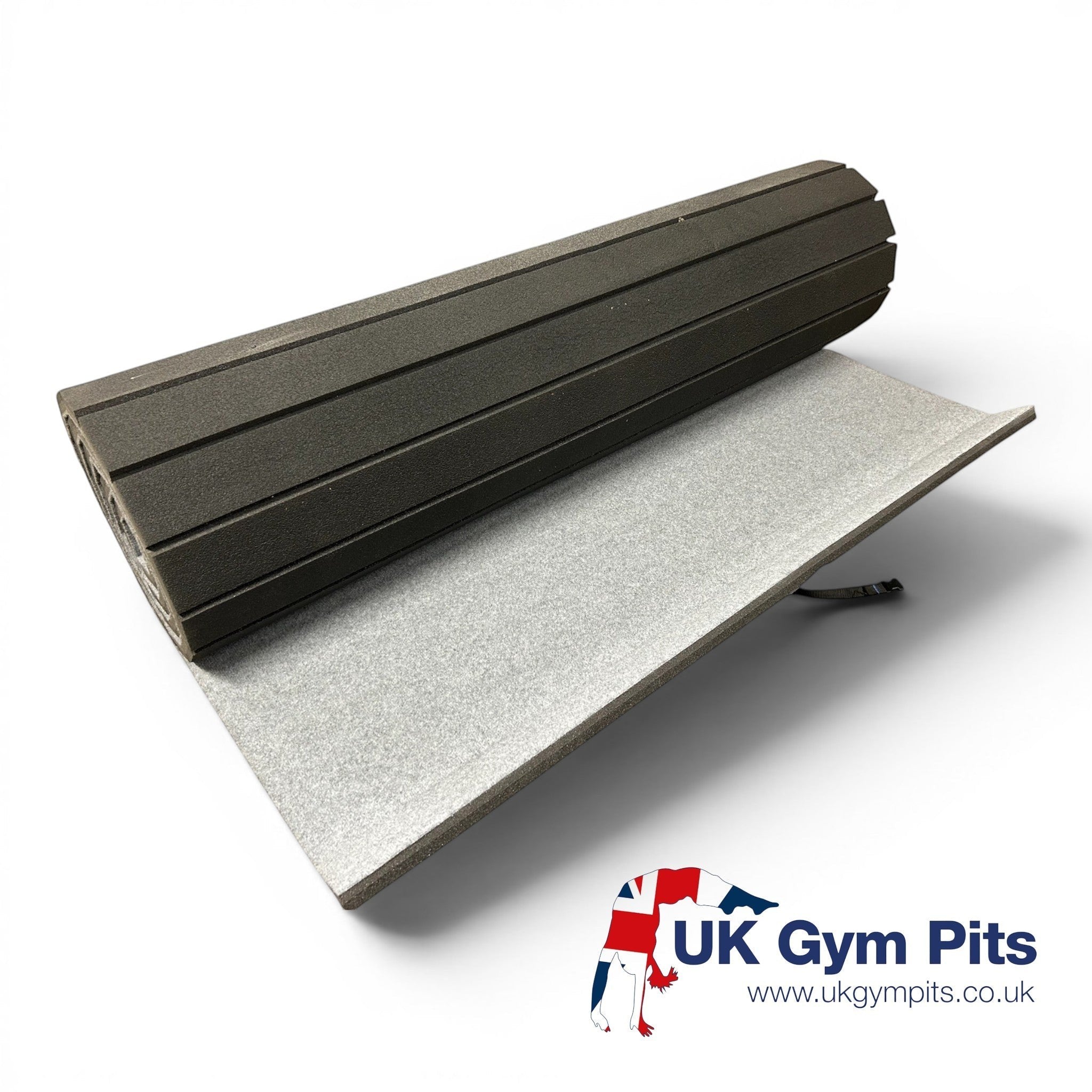 UK Gym Pits light grey carpet flexi mat roll with shock-absorbing slated XPE foam backing for gymnastics training