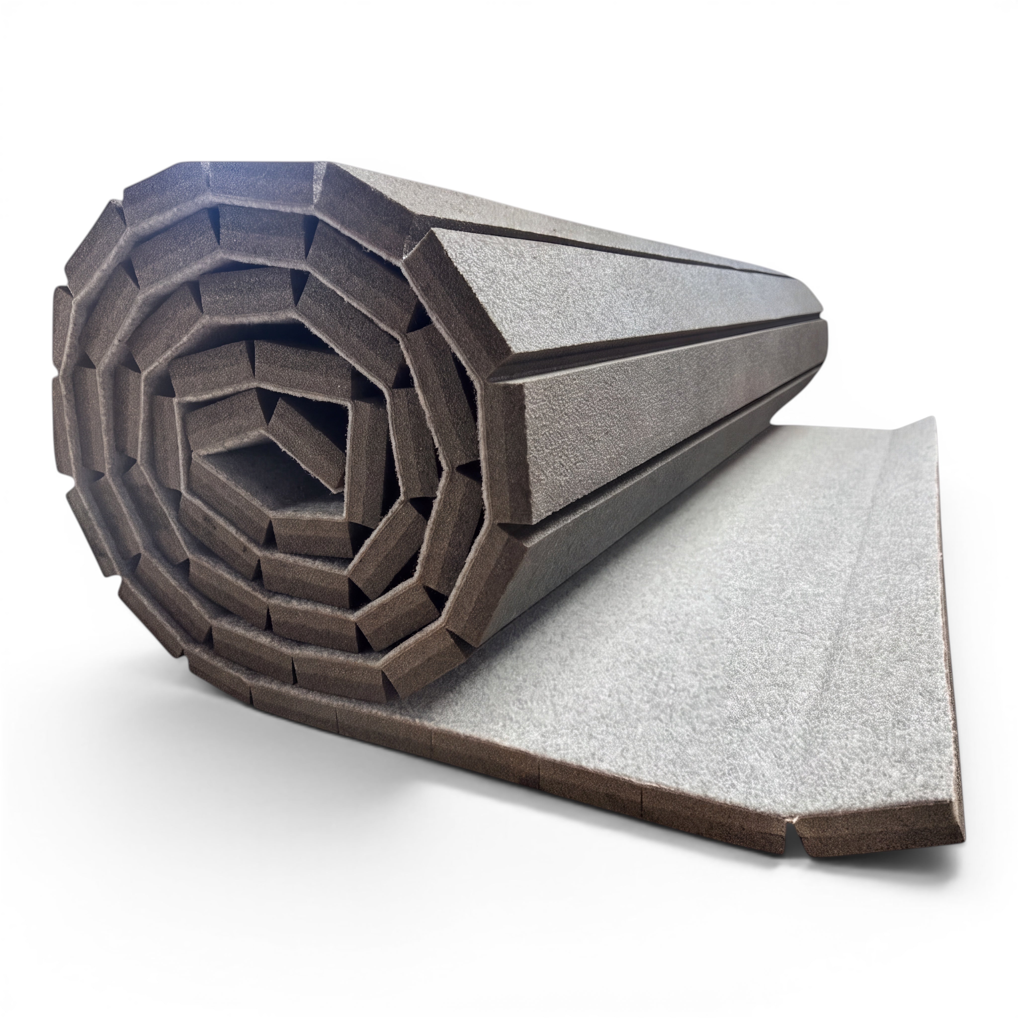 UK Gym Pits light grey flexi carpet mat roll with shock-absorbing XPE foam backing for gymnastics and cheerleading.