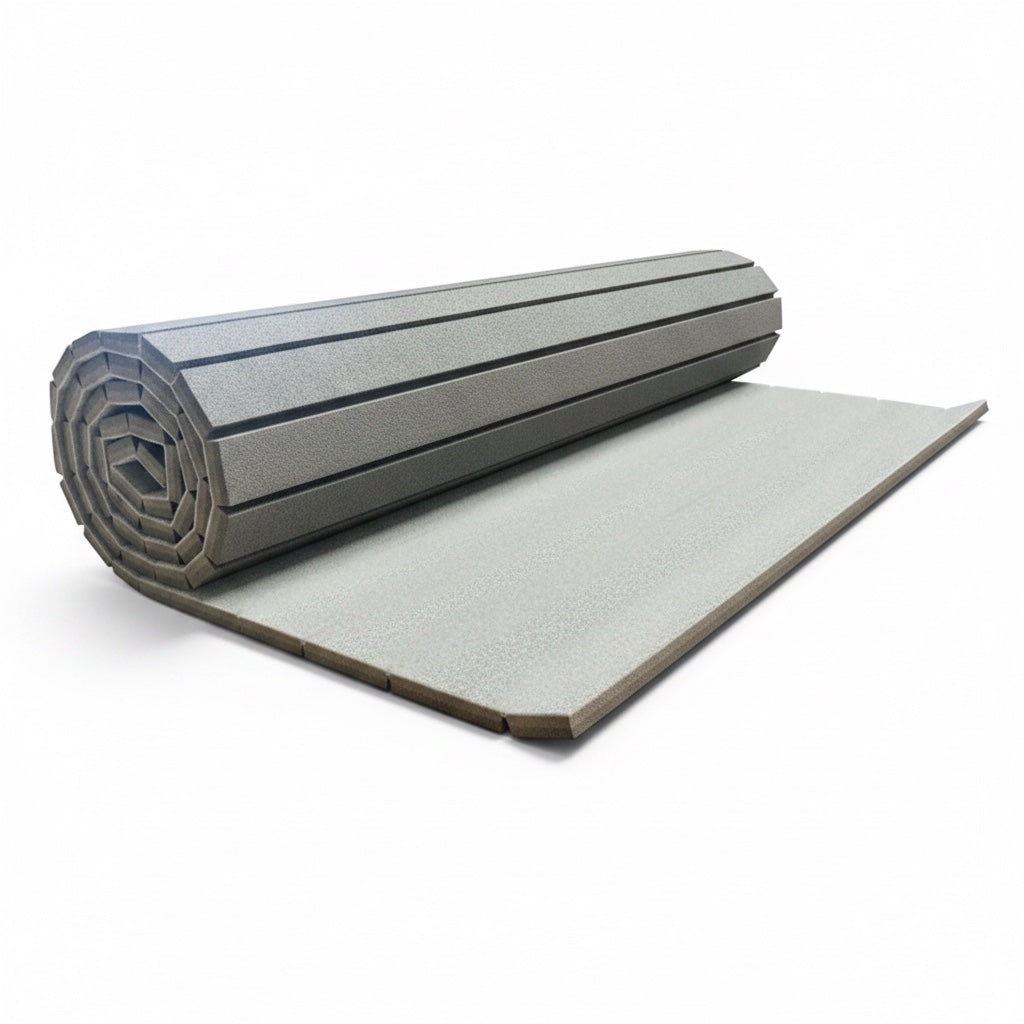 UK Gym Pits light grey flexi carpet mat roll for gymnastics with shock-absorbing XPE foam and durable carpet surface.