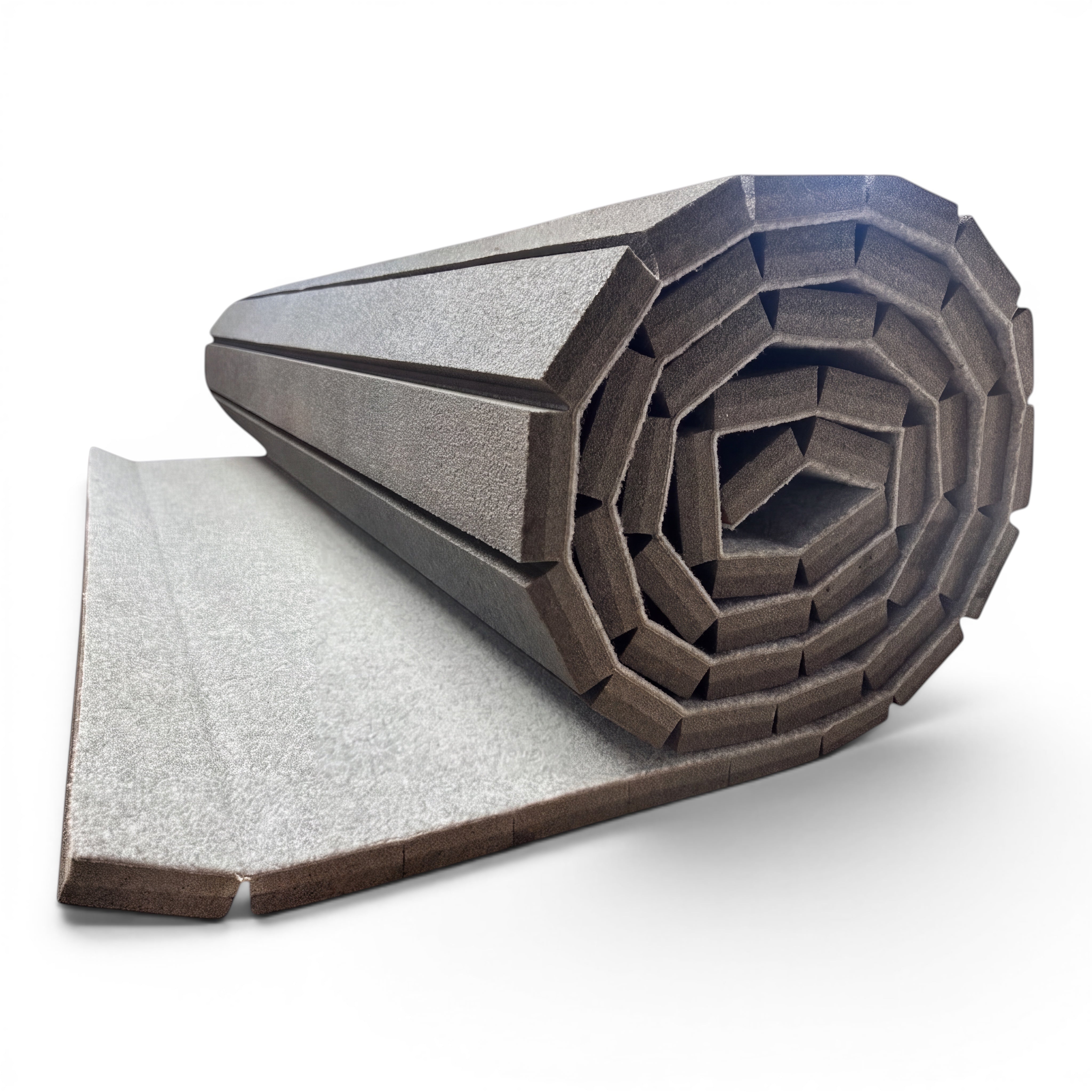 UK Gym Pits light grey flexi carpet mat roll featuring shock-absorbing XPE foam for gymnastics and cheerleading.