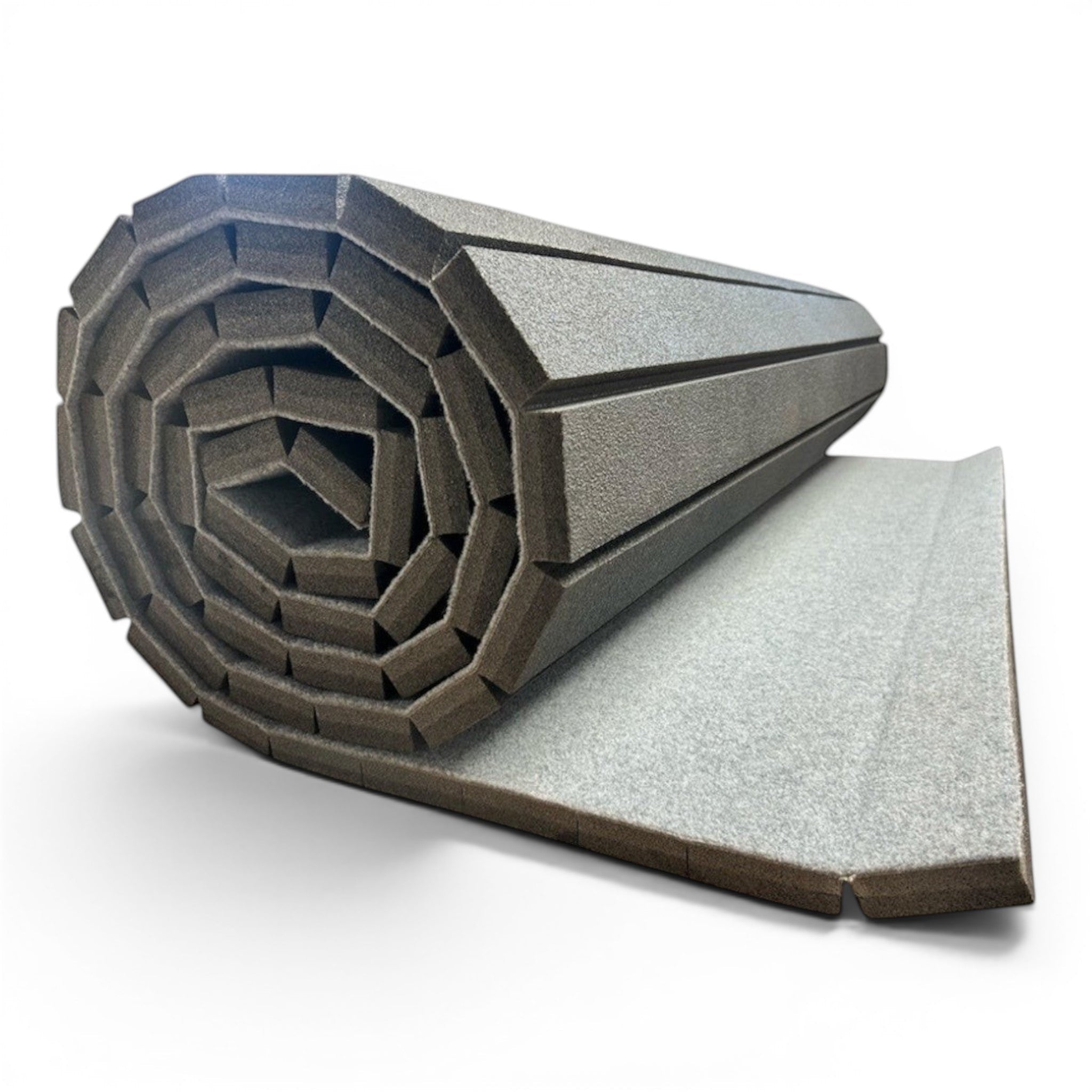 UK Gym Pits light grey flexi carpet mat roll with shock-absorbing slated XPE foam backing for gymnastics training.