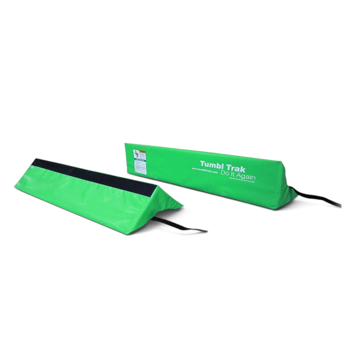 UK Gym Pits lime green foam cradles for air barrels, featuring a wedge shape for gymnastics training stability.
