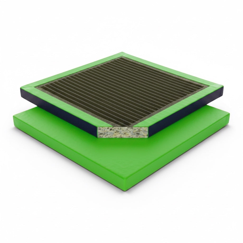UK Gym Pits lime green multi-purpose chipfoam mat showing the reinforced anti-slip base and internal foam structure.