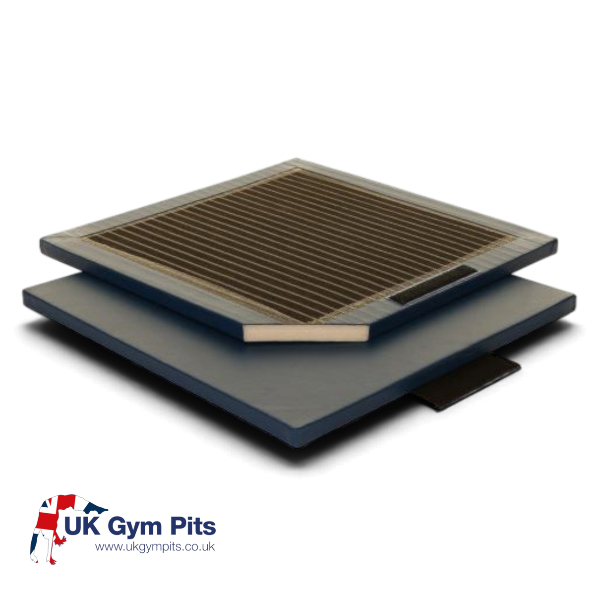 UK Gym Pits lightweight linking gymnastics mat showing the foam core, PVC cover, and Velcro attachment strips.