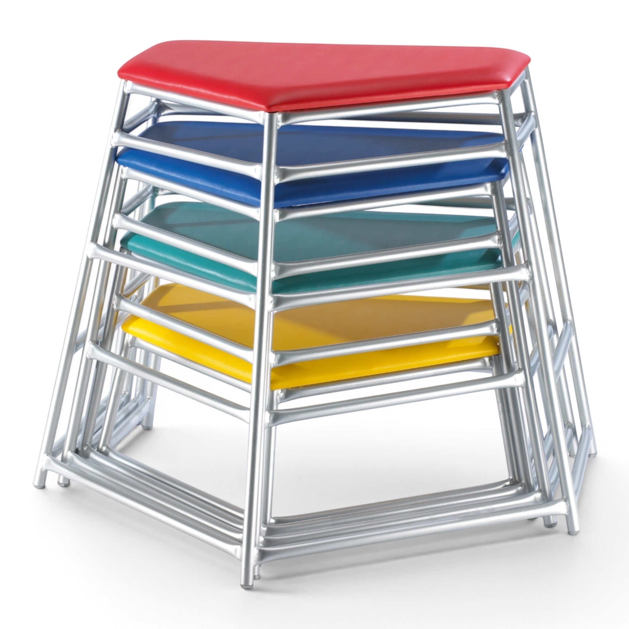 UK Gym Pits Lita Agility Tables stacked, featuring silver aluminium frames and colourful padded PVC tops.