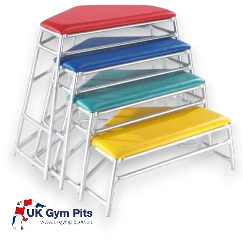 UK Gym Pits Lita agility tables in a stackable set with silver aluminium frames and multi-coloured padded tops.
