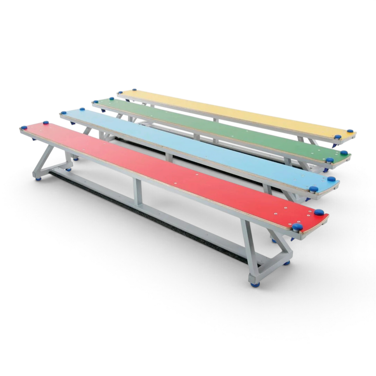 UK Gym Pits Lita aluminum balance benches in red, blue, green, and yellow with non-slip rubber feet.