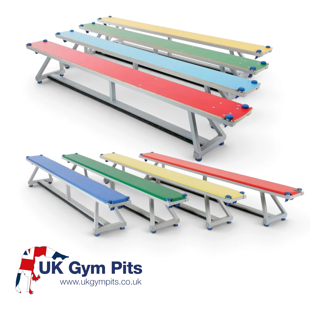 UK Gym Pits Lita aluminum balance benches in red, blue, green, and yellow with padded tops and non-slip rubber feet.