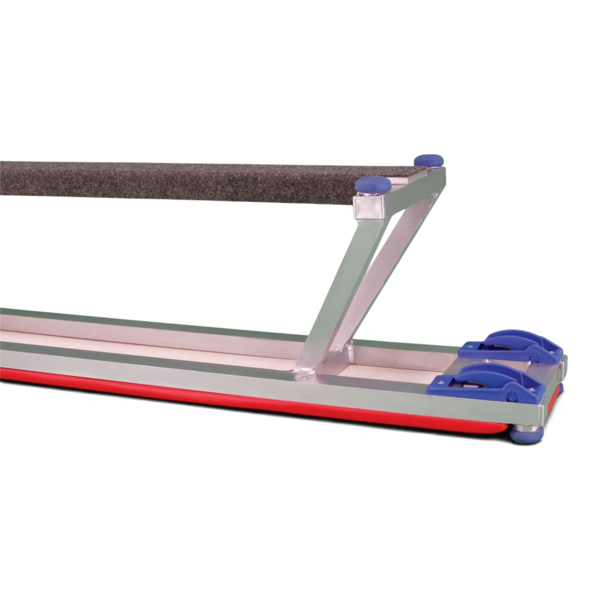 UK Gym Pits Lita Balance Bench with silver aluminum frame, red padded top, and blue non-slip rubber feet and hooks.
