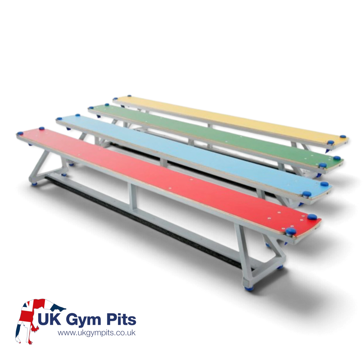 UK Gym Pits Lita balance benches in red, blue, green, and yellow with silver aluminum frames for school gymnastics.