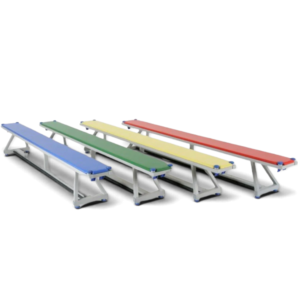 UK Gym Pits Lita Balance Bench set in red, green, blue, and yellow with silver aluminum frames and padded tops.