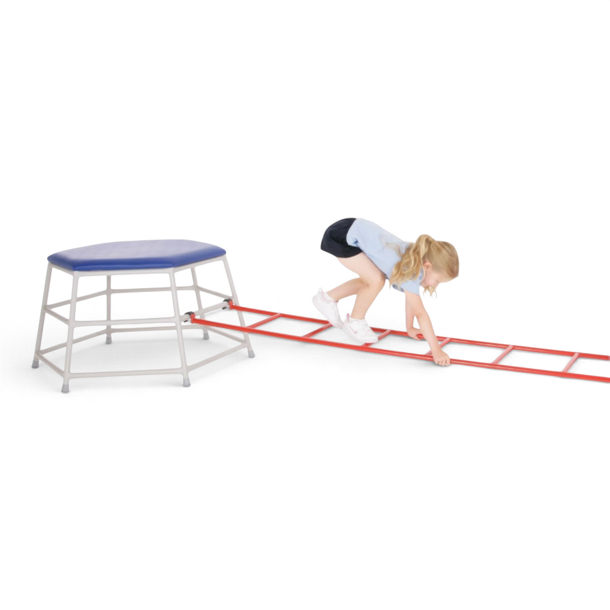 UK Gym Pits Lita hexagonal movement table with blue padded top and silver frame connected to a red agility ladder.