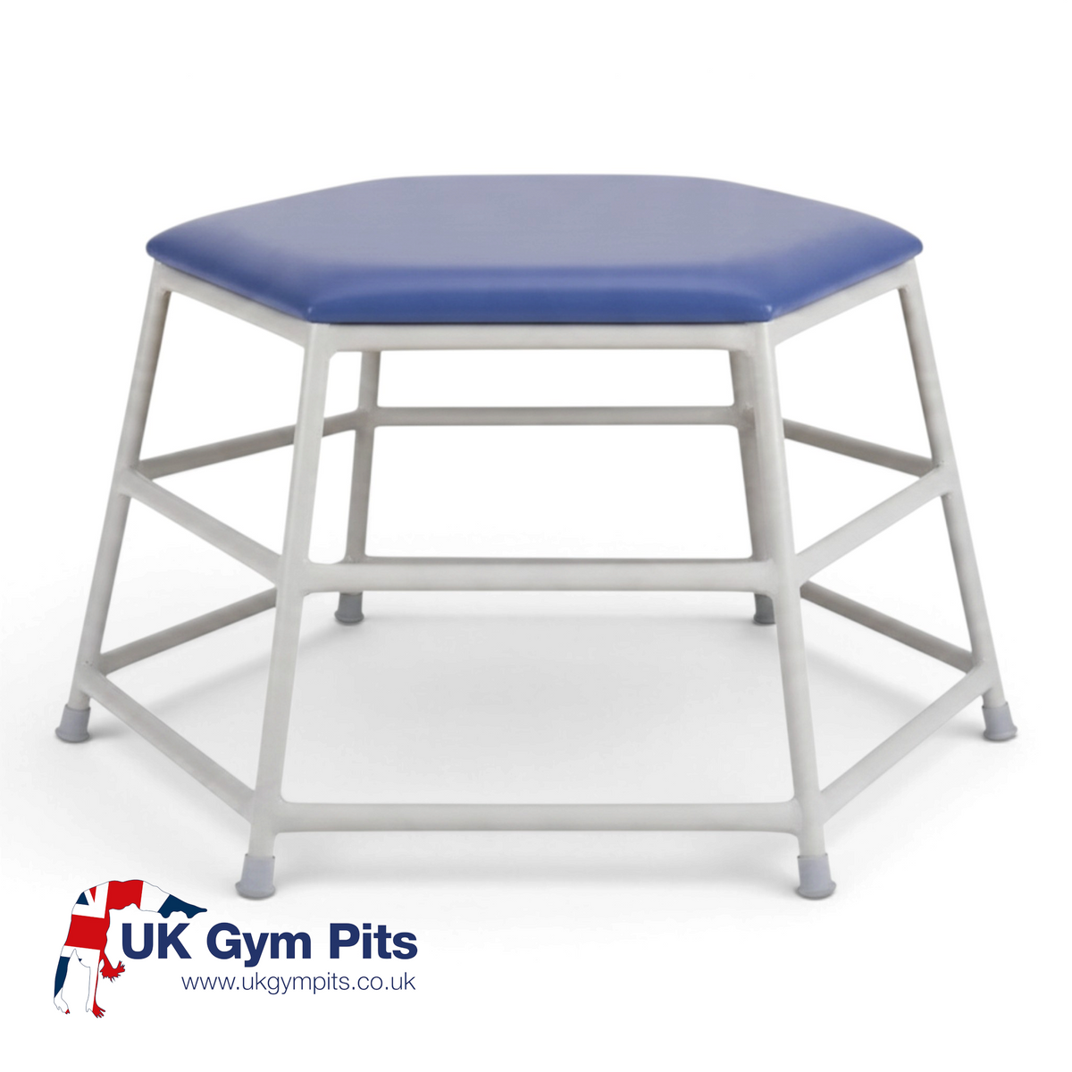UK Gym Pits hexagonal movement table with a blue padded PVC top and a silver powder-coated aluminium frame.