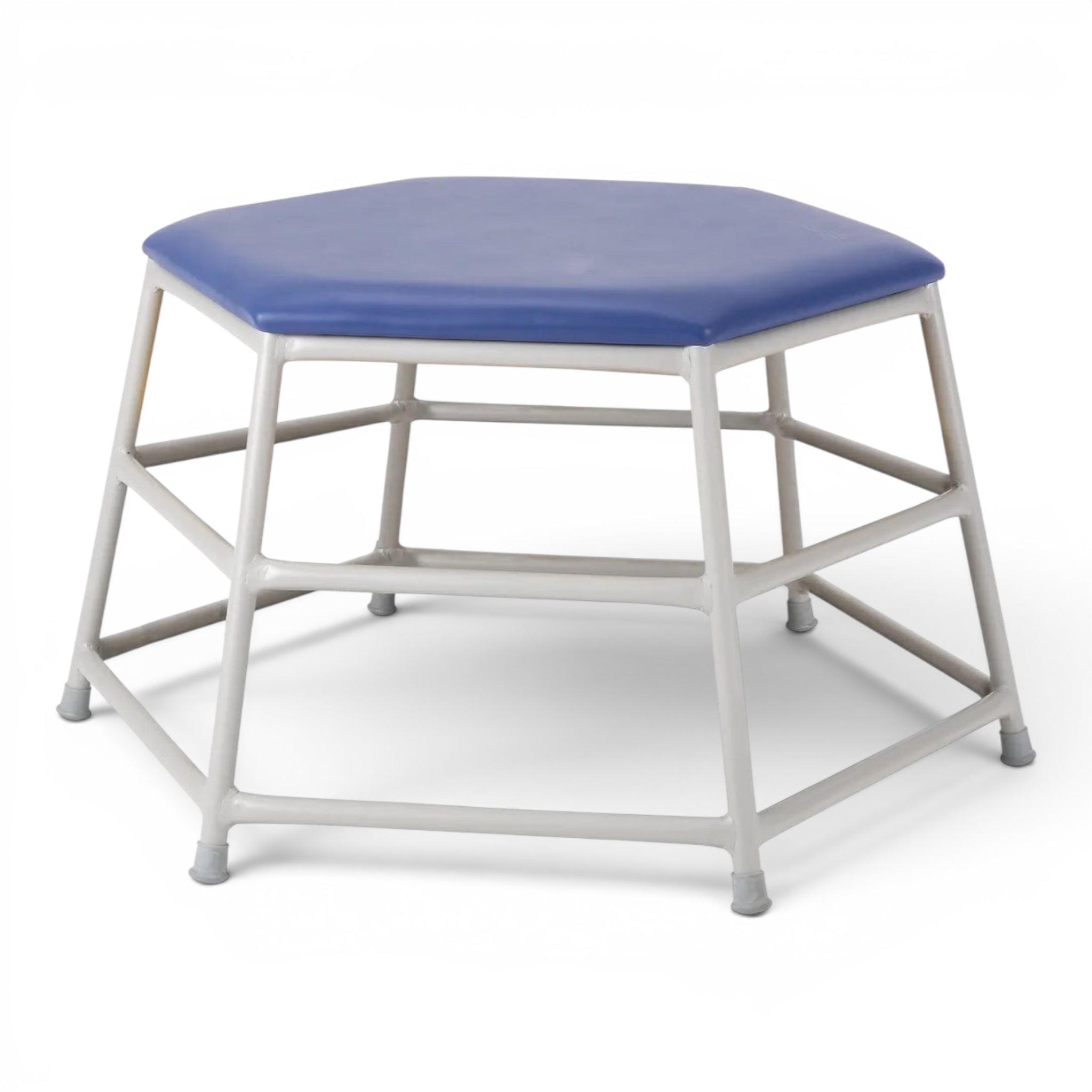 UK Gym Pits Lita hexagonal movement table with a blue padded PVC top and a silver powder-coated aluminium frame.