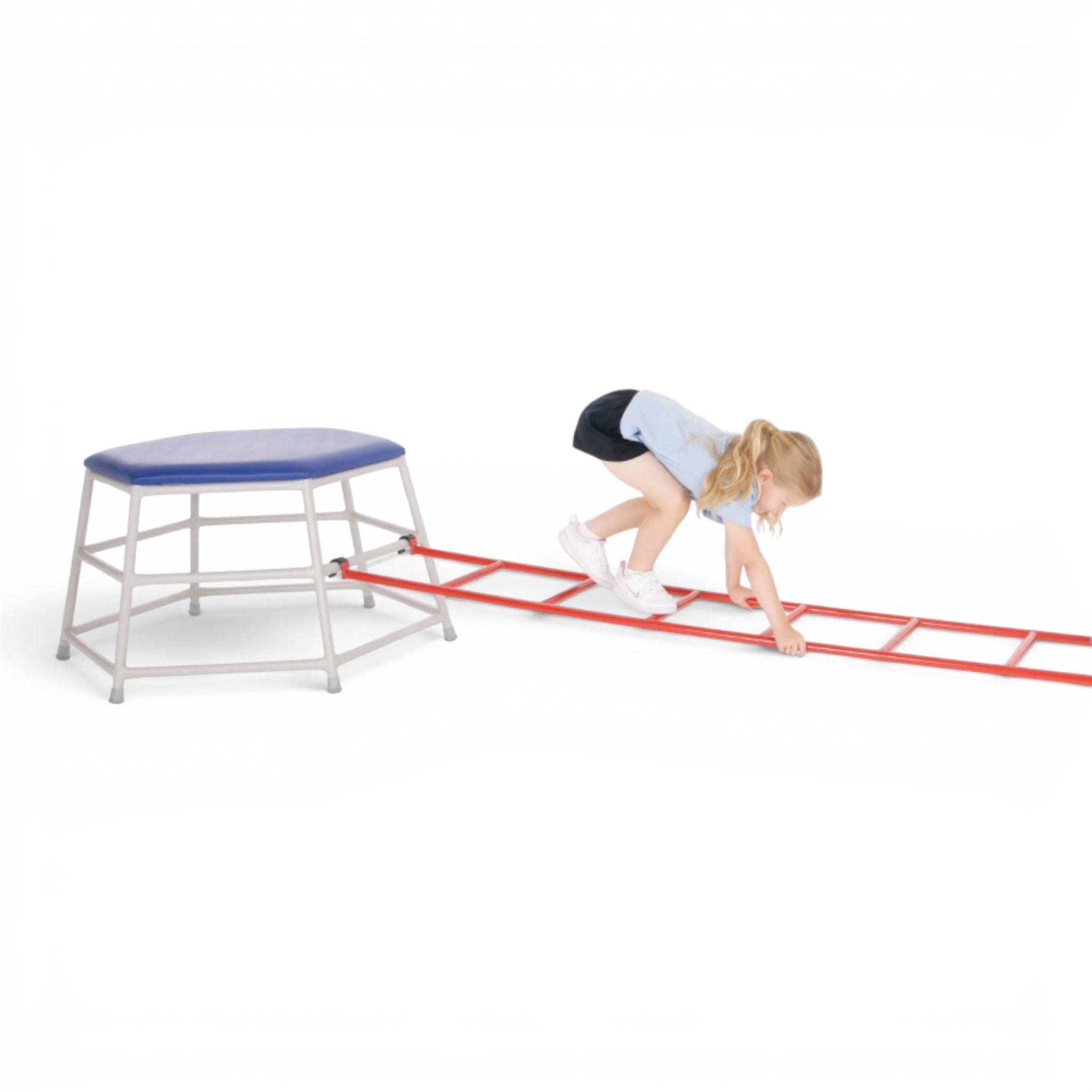 UK Gym Pits Lita hexagonal movement table with blue padded top and silver frame connected to a red agility ladder