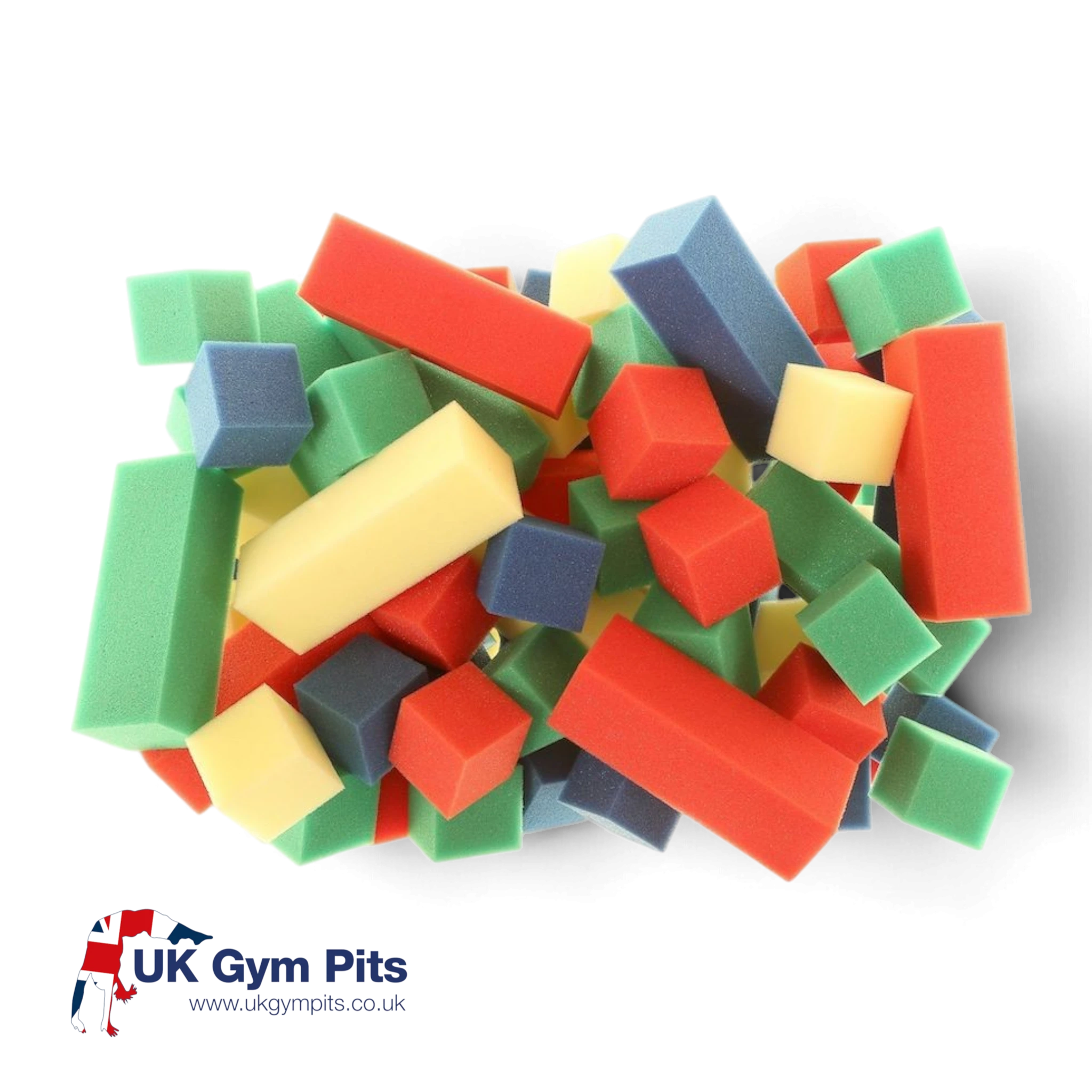 UK Gym Pits loose foam blocks and logs in assorted colours for gymnastics landing pits, fire retardant material.