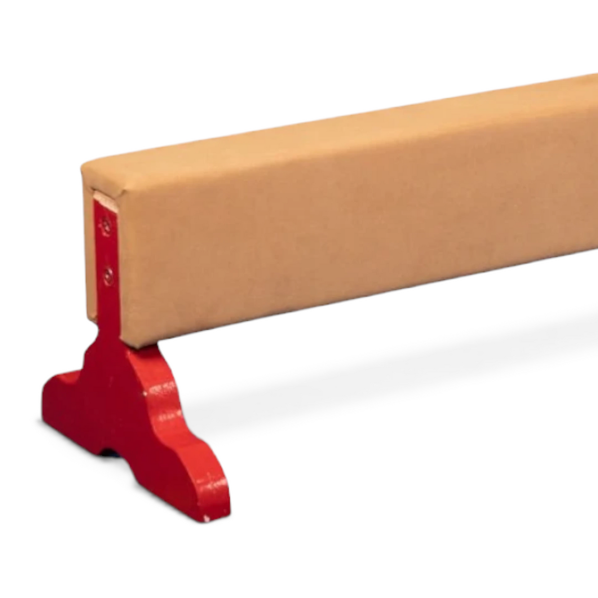 UK Gym Pits low training balance beam with tan padded anti-slip surface and red timber support legs