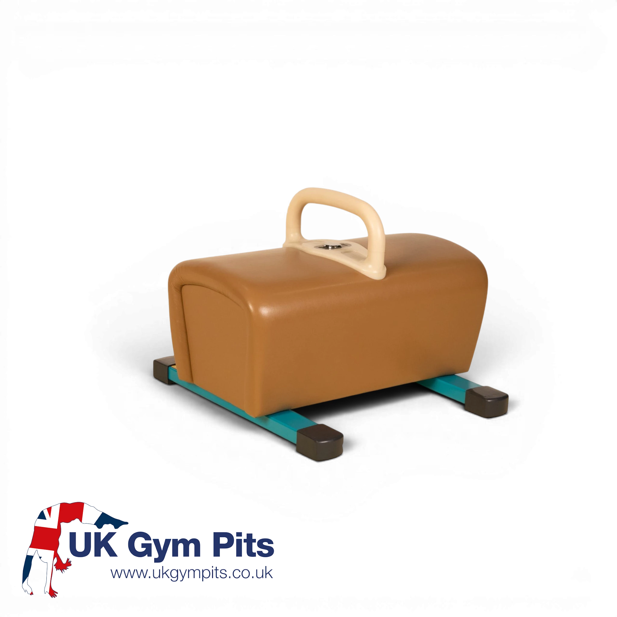 UK Gym Pits low training buck horse with one pommel, featuring a brown leatherette body and teal steel base.