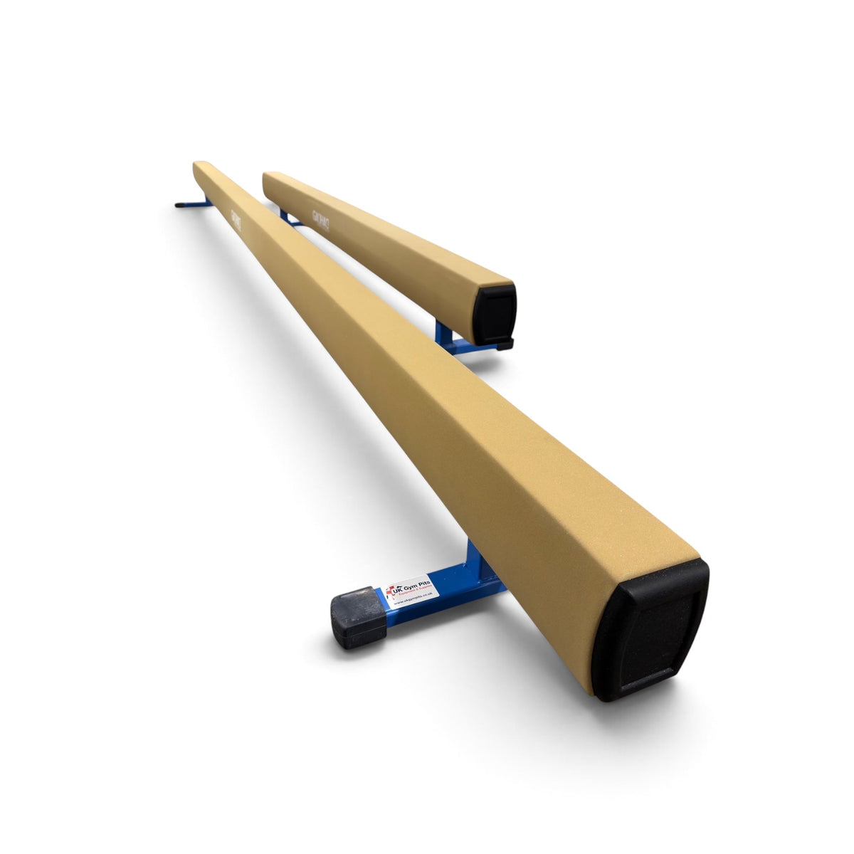 UK Gym Pits low gymnastics training beam with tan PU leather surface and blue reinforced steel frame