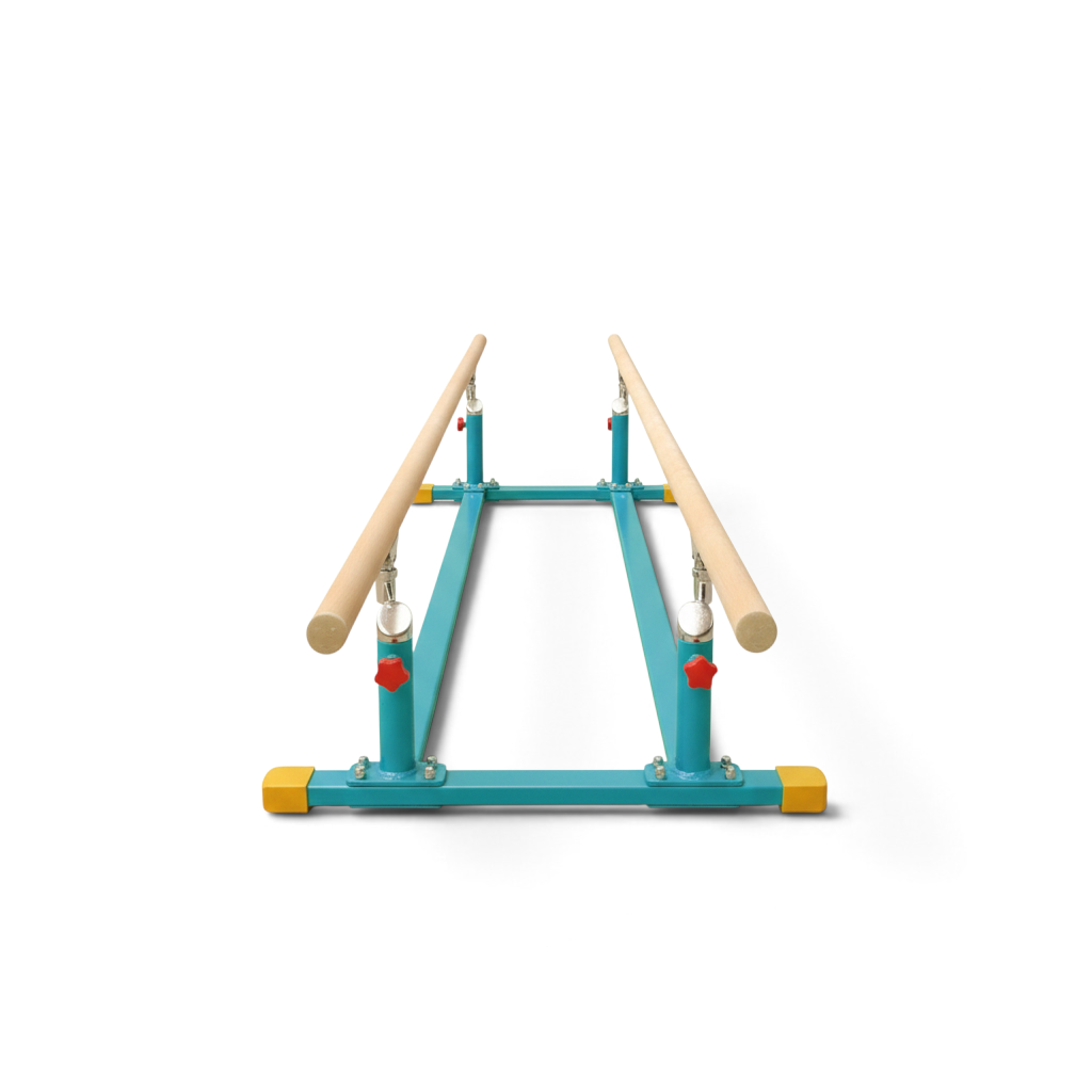 UK Gym Pits Gaofei low parallel bars with adjustable teal steel frame and wooden bars for gymnastics training