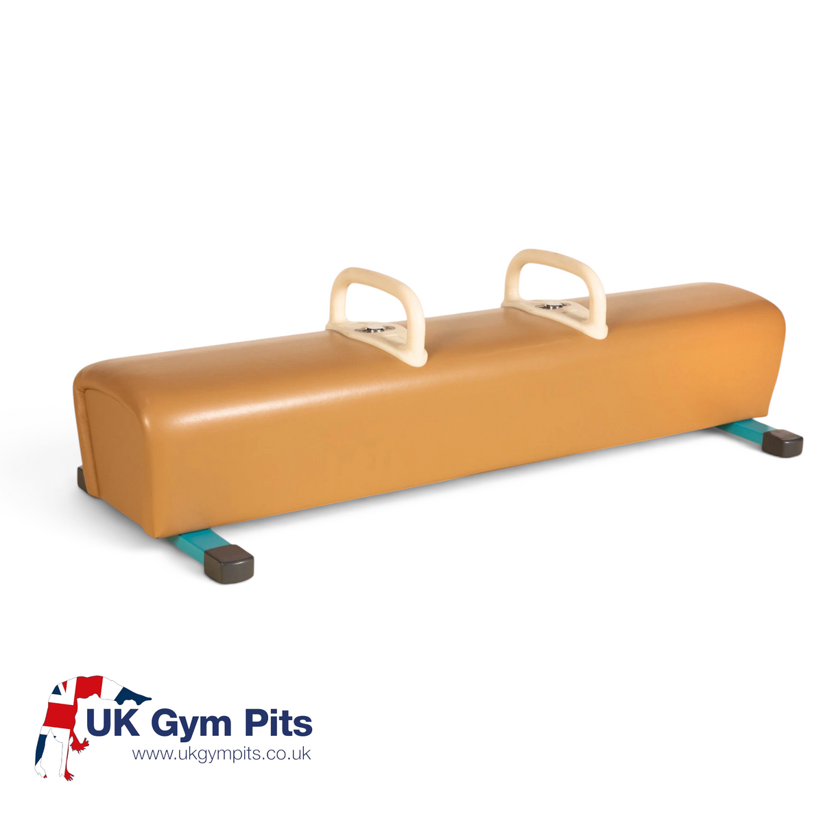 UK Gym Pits low pommel horse for gymnastics training with a tan leatherette body and adjustable steel handles.