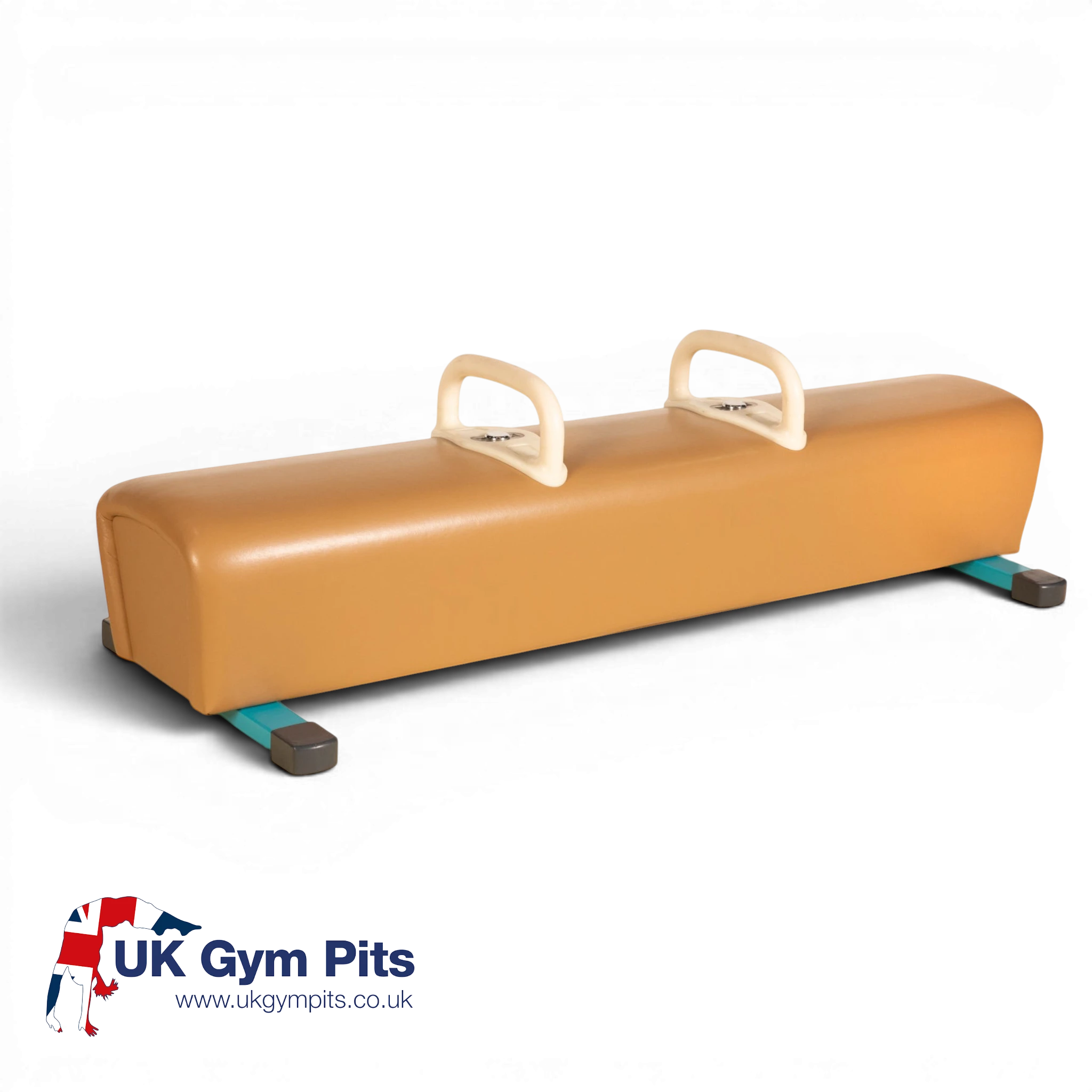 UK Gym Pits Gaofei low pommel horse with tan leatherette body and removable handles on a reinforced steel frame.